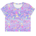 Vibrant Glitter Gains Crop Top featuring colorful weightlifting designs, perfect for workouts at the gym.