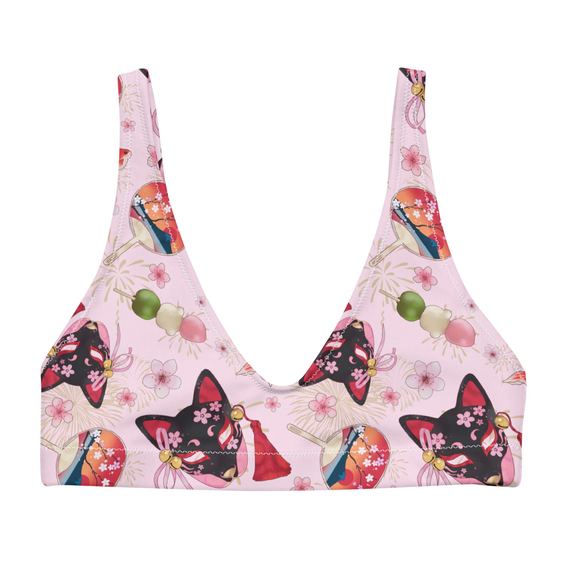Matsuri Padded Bikini Top features playful designs with dango, blossoms, and goldfish, perfect for spring and summer.