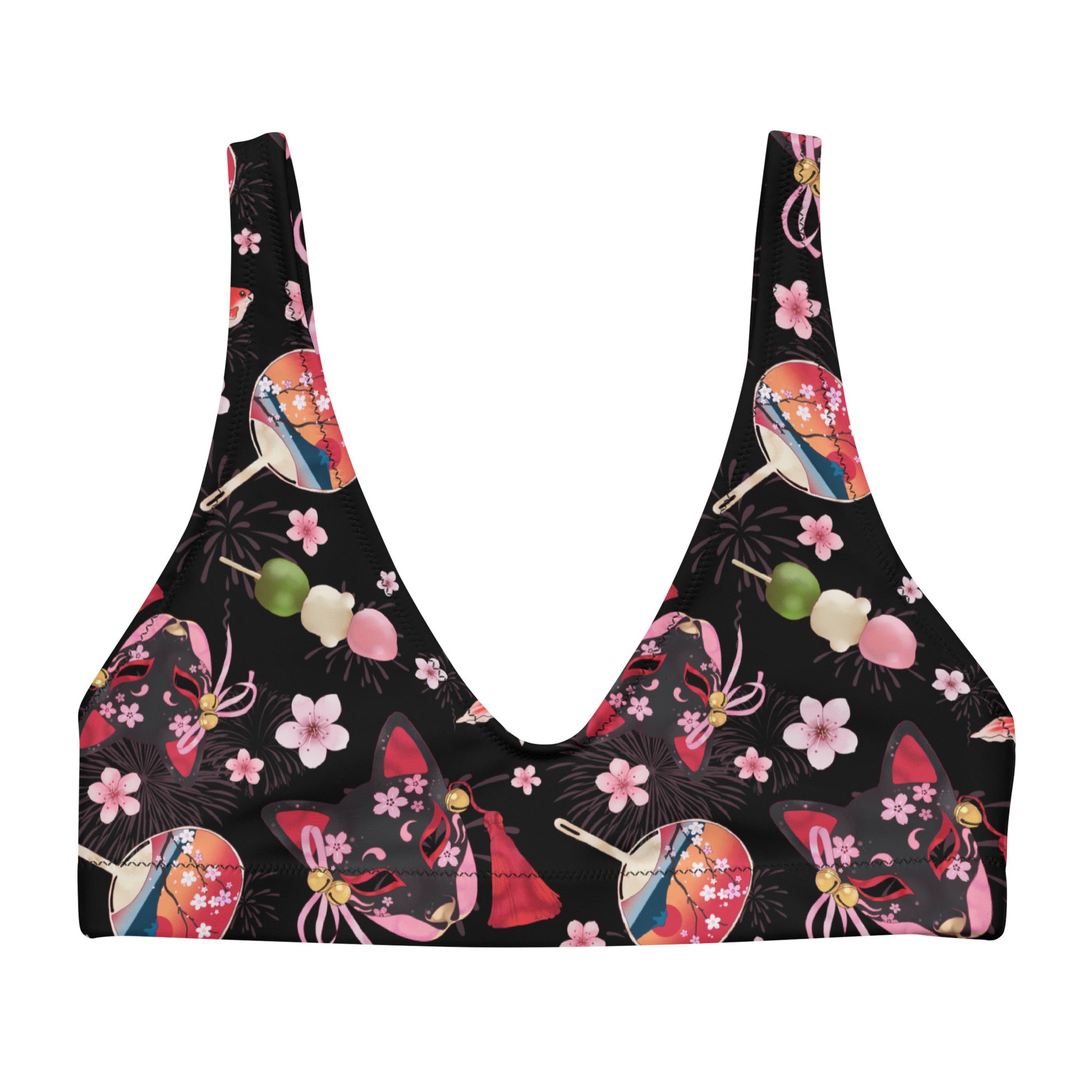 Matsuri Padded Bikini Top features vibrant motifs of blossoms and goldfish, perfect for spring and summer style.