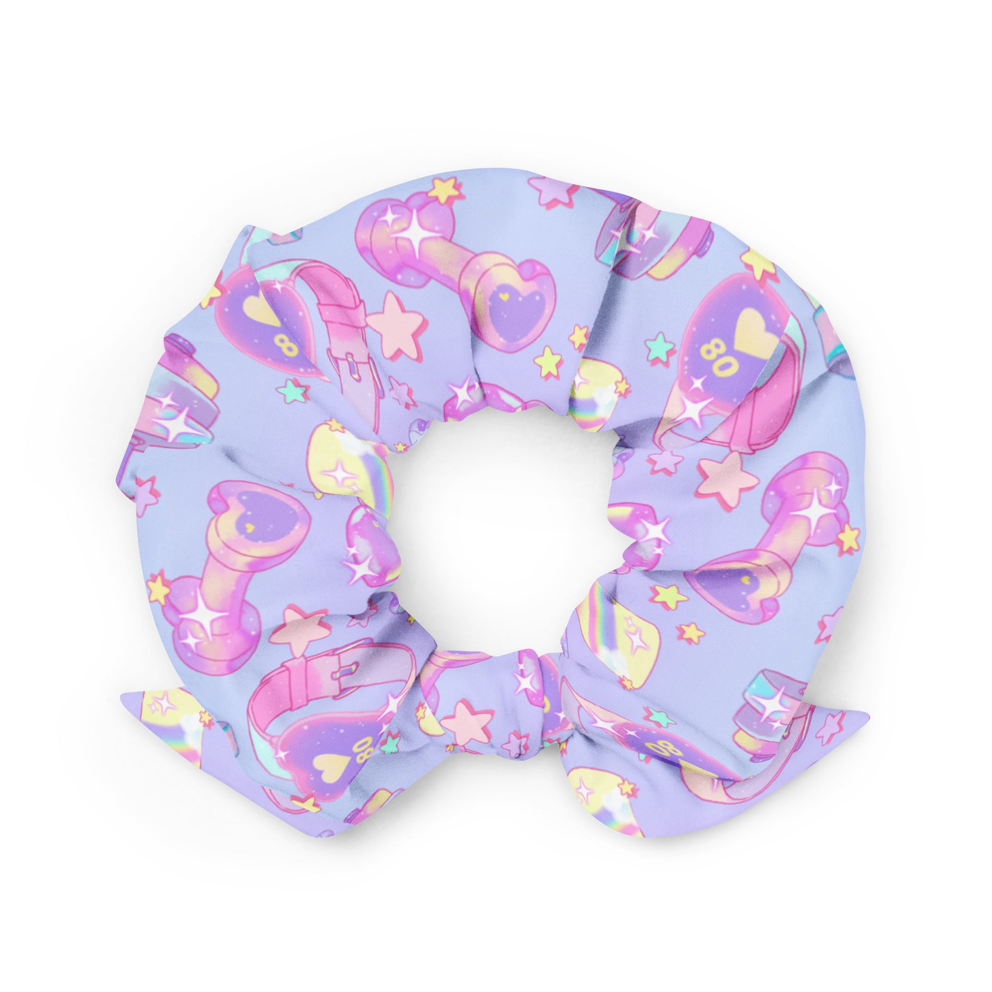 Colorful Glitter Gains Scrunchie featuring kawaii gym motifs, perfect for stylish workouts and everyday wear.