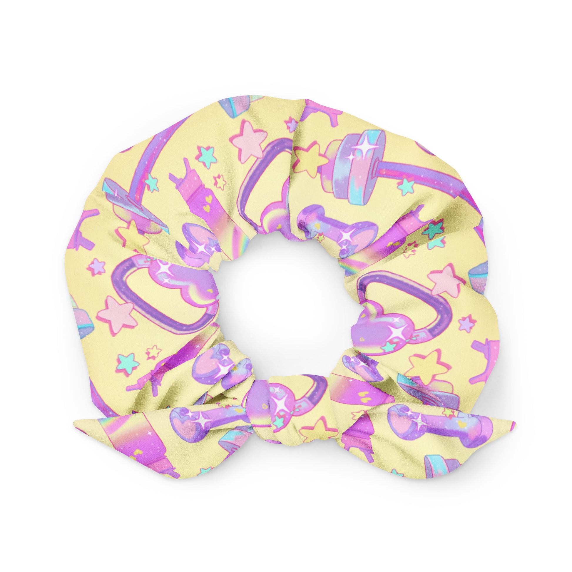 Colorful Glitter Gains Scrunchie featuring weights and stars, perfect for stylish workout enthusiasts and kawaii lovers.