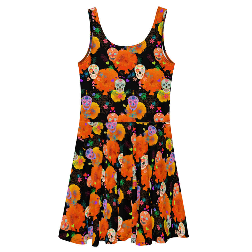 Vibrant Sugar Skull Skater Dress featuring a fun pattern, perfect for sunny days and stylish outings.