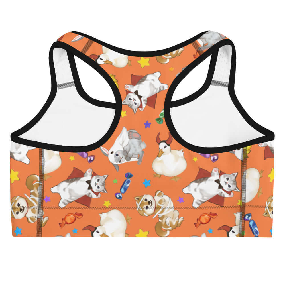 Festive Trick or Treaters Sports bra from Koibito features cute, spooky designs perfect for workouts.