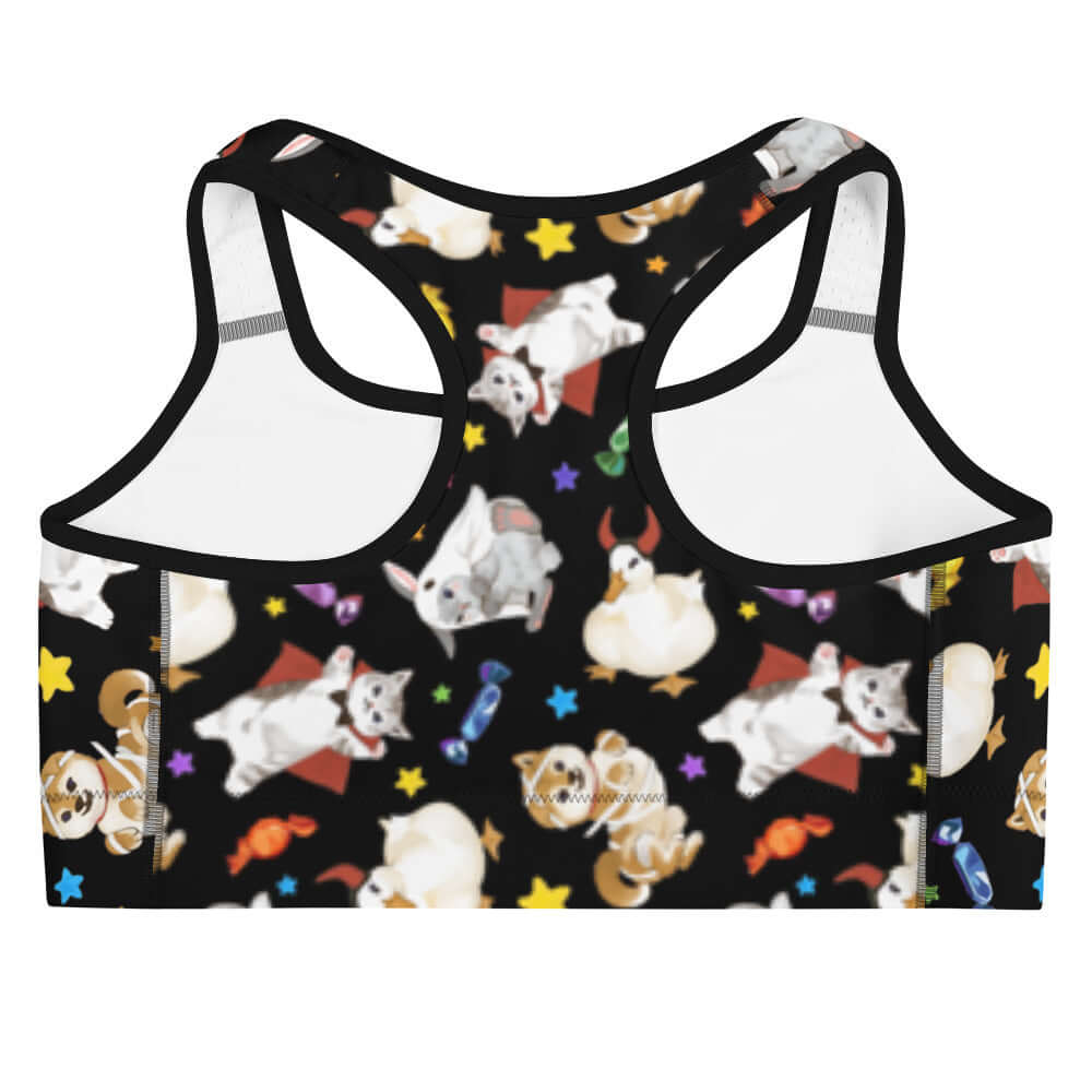 Festive Trick or Treaters Sports bra from Koibito, featuring an adorable all-over print perfect for workouts.