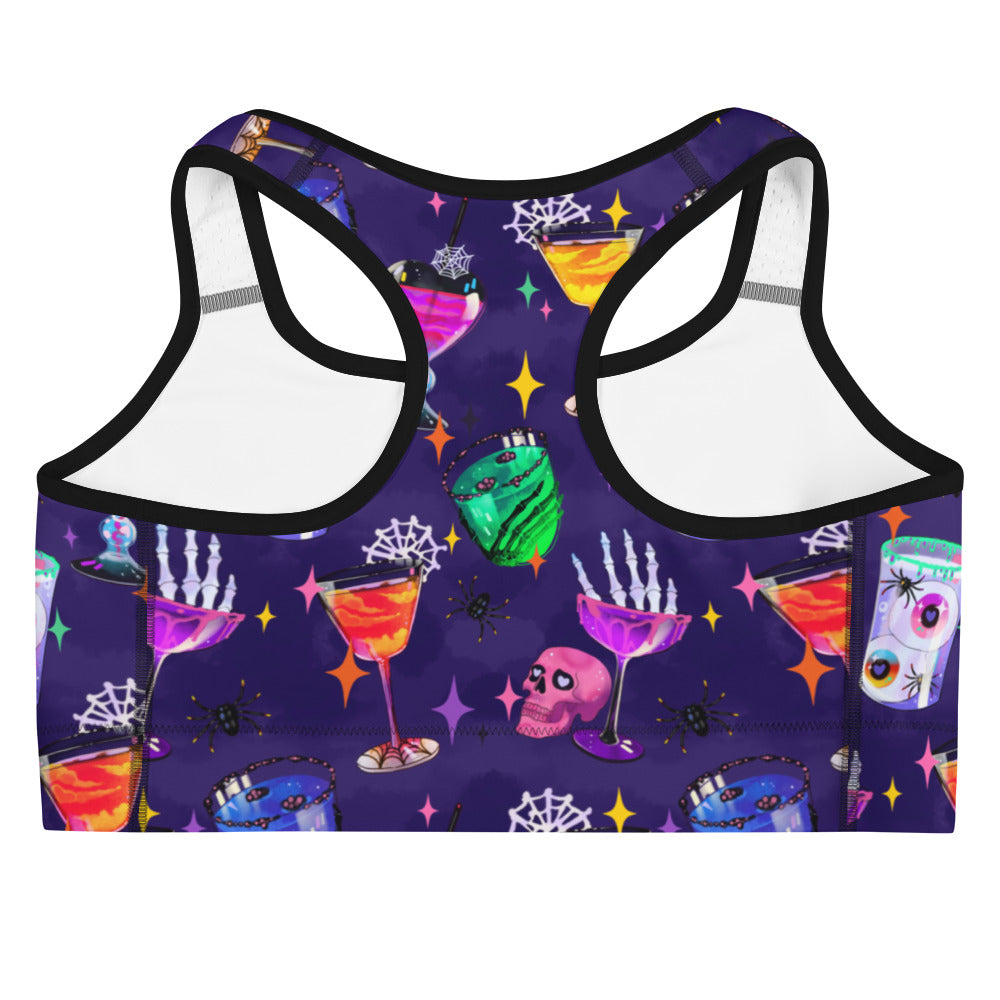 Stylish Monster Party Sports bra features ghoulish cocktails, perfect for spooky workouts while staying dry and comfortable.