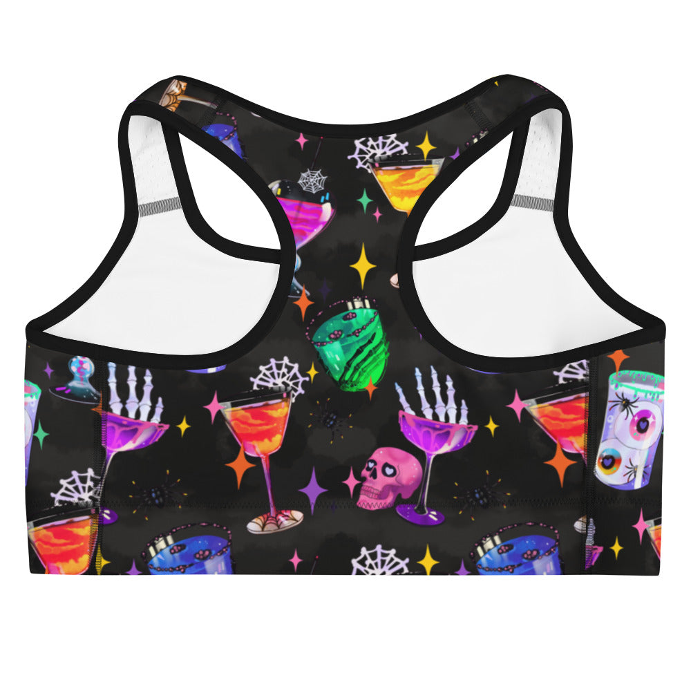 Stay stylish during workouts with the Monster Party Sports bra, featuring fun ghoulish cocktail designs.