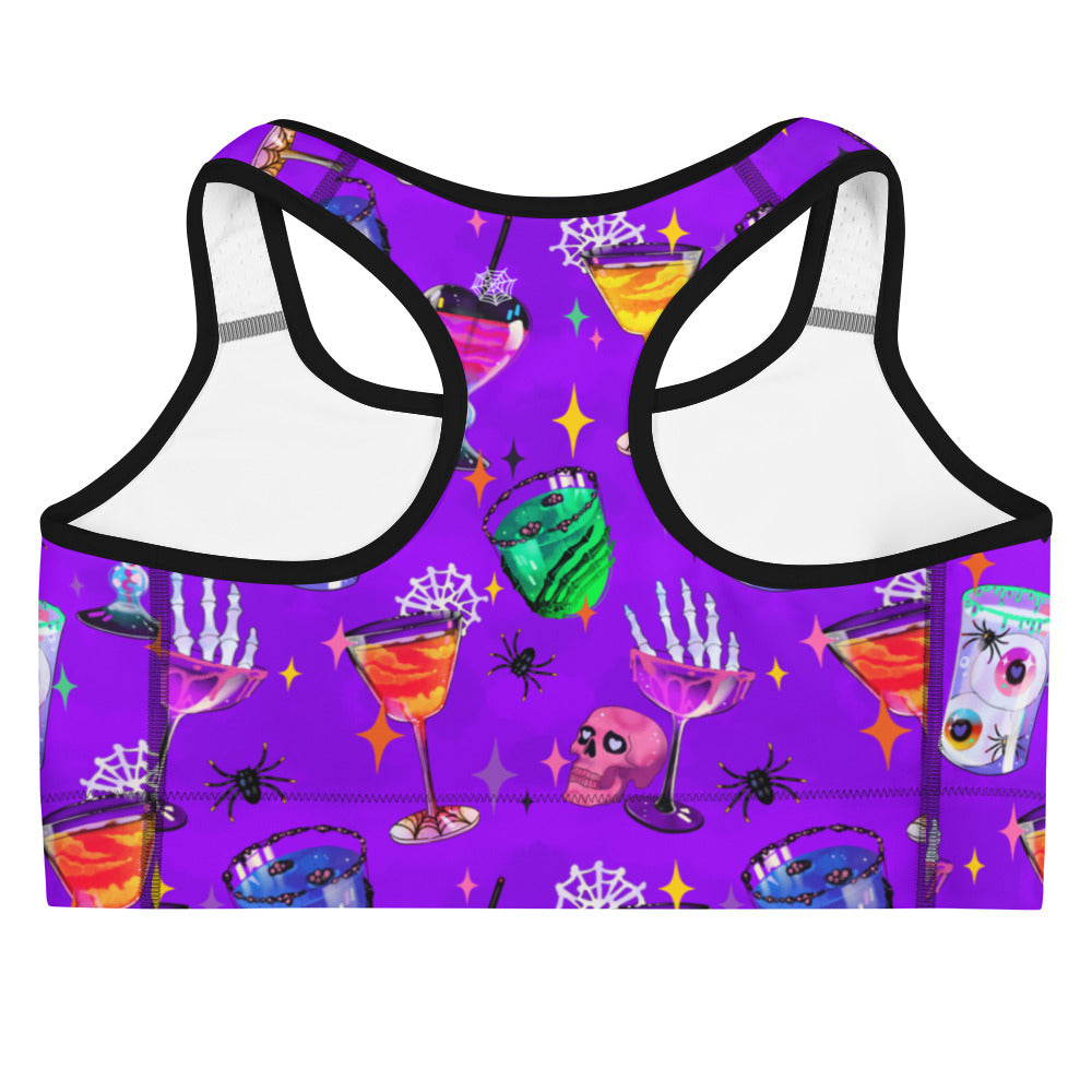 Monster Party Sports bra featuring vibrant cocktails and a spooky design, perfect for stylish workouts. Stay hydrated!