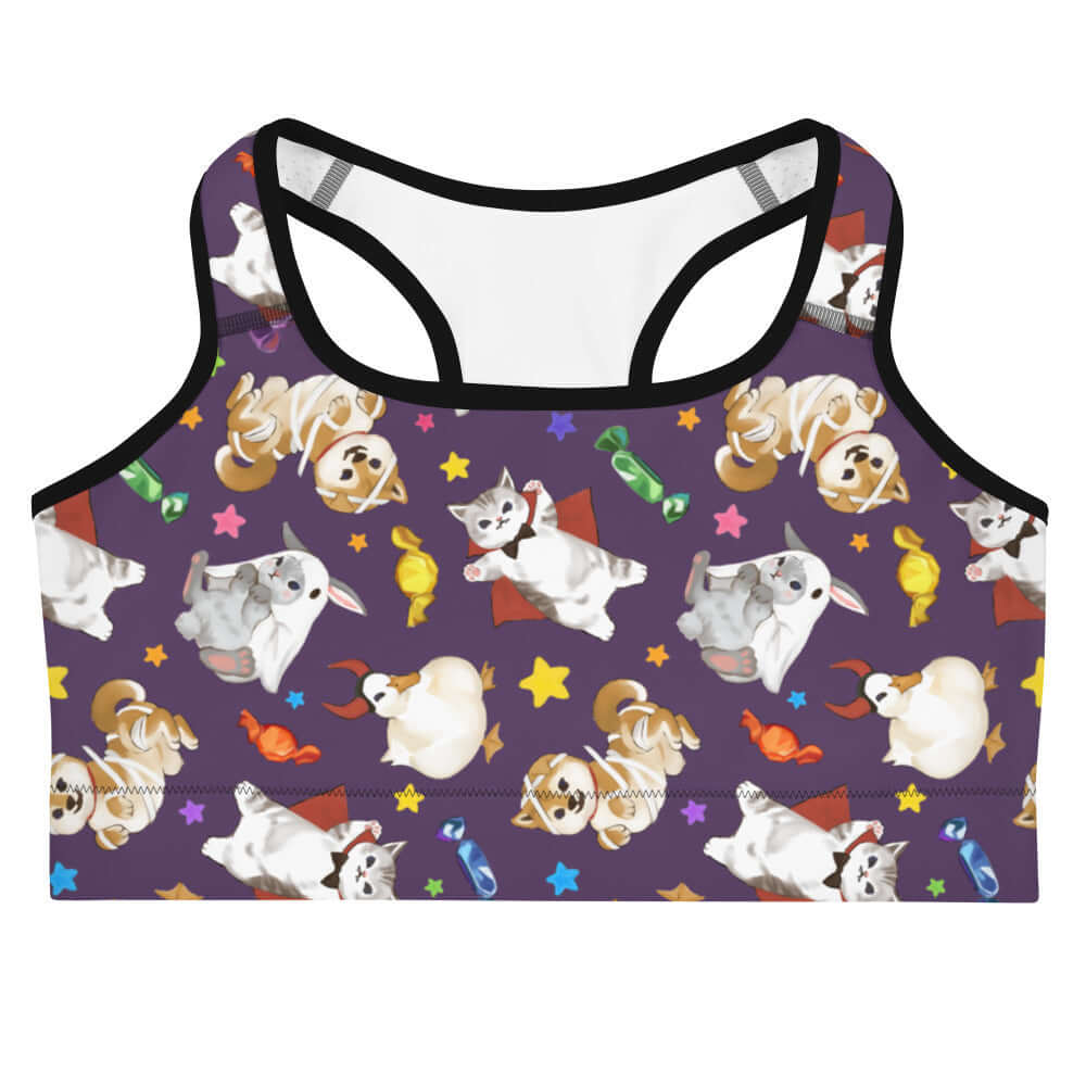 Festive Trick or Treaters Sports bra by Koibito, perfect for spooky workouts and moisture-wicking comfort.