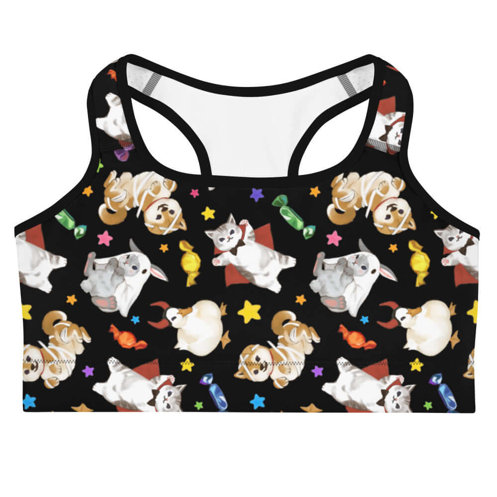 Festive Trick or Treaters Sports bra from Koibito, perfect for a spooky workout with moisture-wicking comfort.