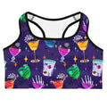 Stylish Monster Party Sports bra featuring vibrant ghoulish cocktails, perfect for a fun workout! Stay secure and dry.