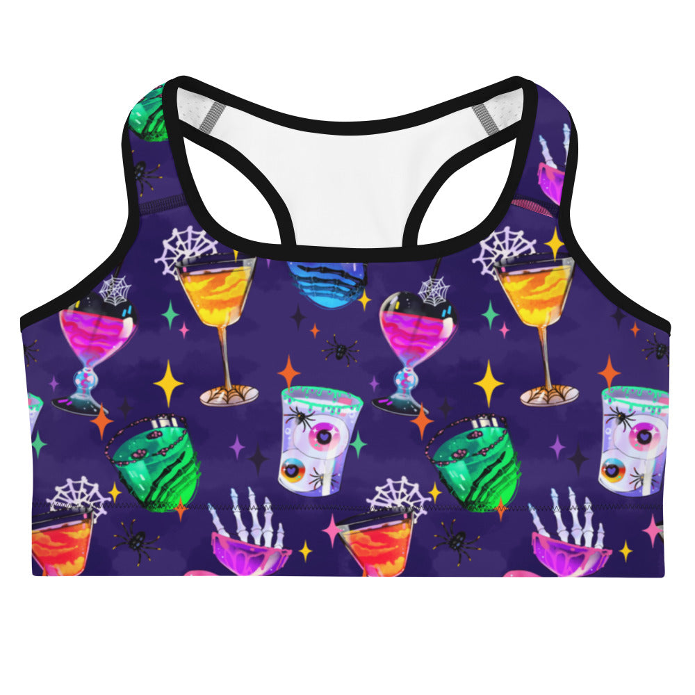 Stylish Monster Party Sports bra featuring vibrant ghoulish cocktails, perfect for a fun workout! Stay secure and dry.
