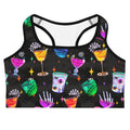 Stylish Monster Party Sports bra featuring ghoulish cocktails, perfect for workouts while staying spooky and secure.