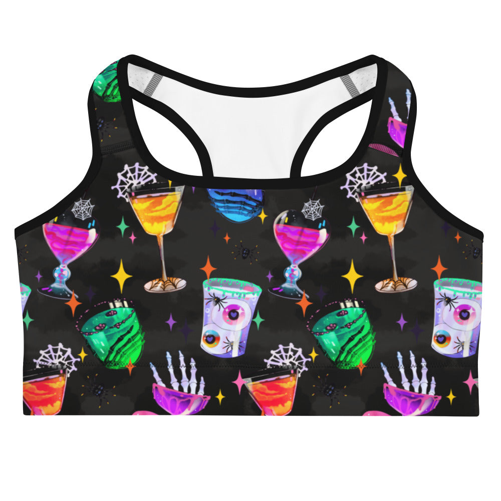 Stylish Monster Party Sports bra featuring ghoulish cocktails, perfect for workouts while staying spooky and secure.