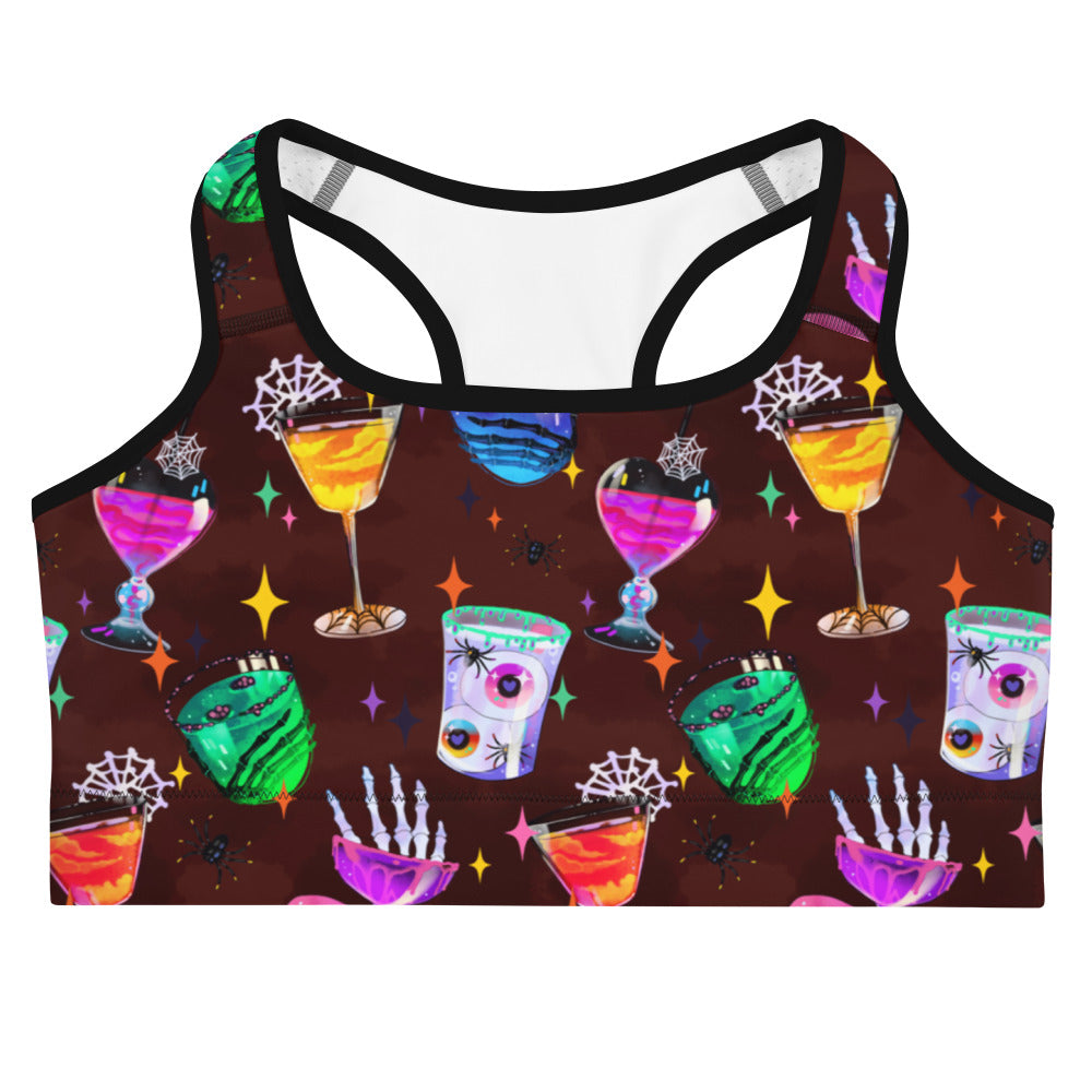 Monster Party Sports bra with vibrant ghoulish cocktail design, perfect for workouts while showcasing your spooky style.