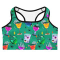 Stylish Monster Party Sports bra featuring vibrant, spooky cocktail designs for a fun workout experience.