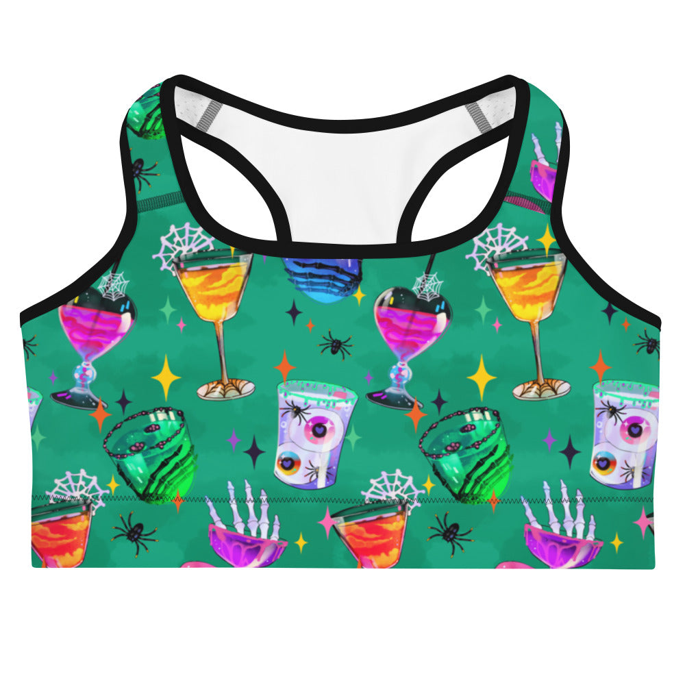 Stylish Monster Party Sports bra featuring vibrant, spooky cocktail designs for a fun workout experience.