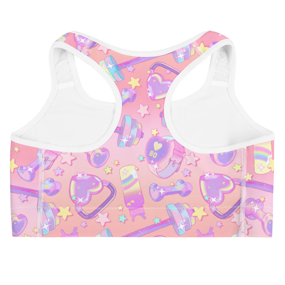 Stylish Glitter Gains Sports bra features vibrant patterns, perfect for workouts while keeping you comfortable and dry.