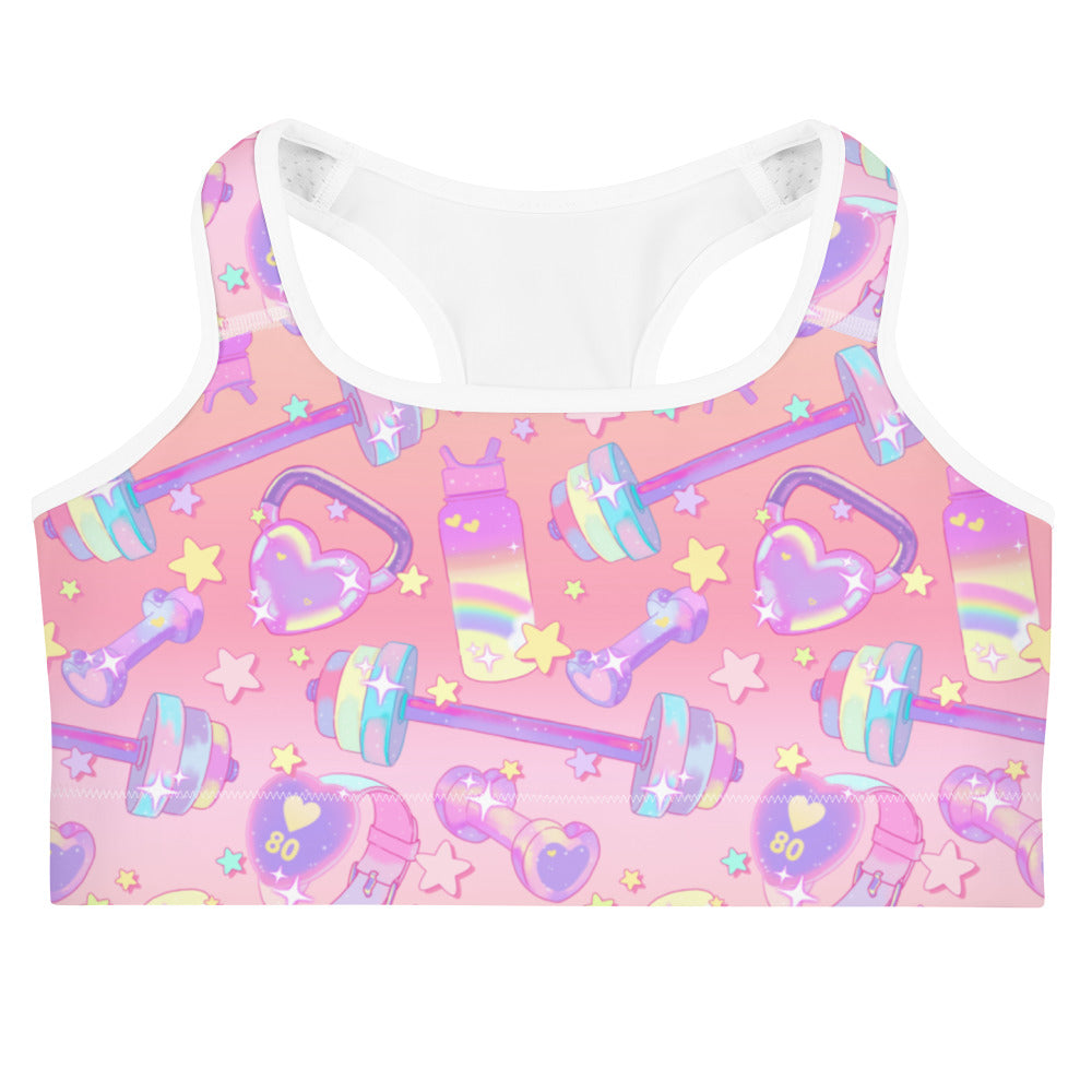 Glitter Gains Sports bra features vibrant patterns, ideal for HIIT workouts while keeping you stylish and comfortable.