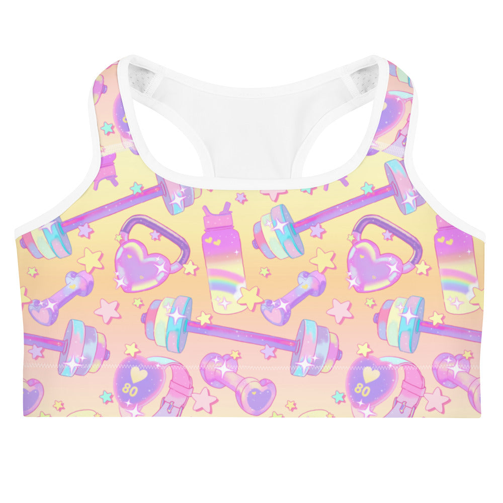 Glitter Gains Sports bra featuring a vibrant workout design, perfect for HIIT and stylish runs. Stay comfy and supported!