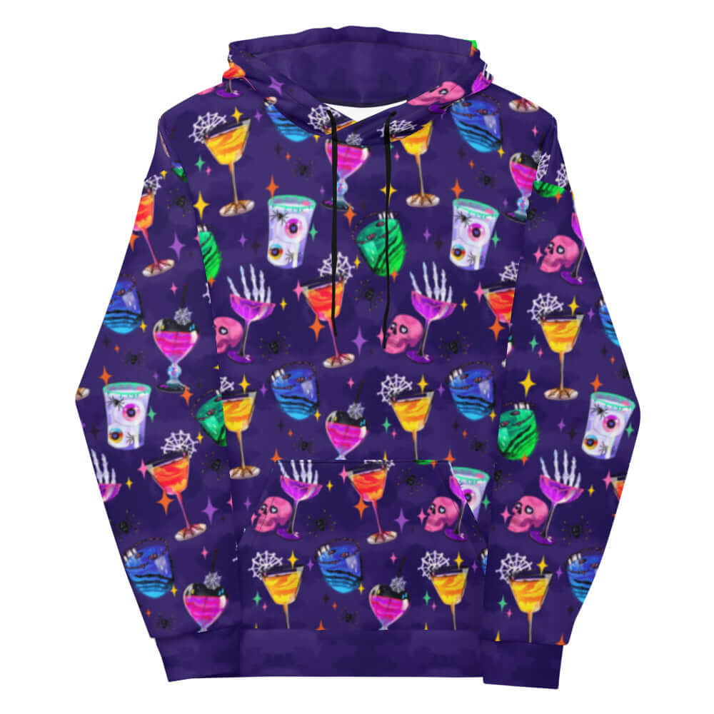 Vibrant Monster Party Hoodie featuring colorful drinks and skulls, perfect for a fun, cozy outing.