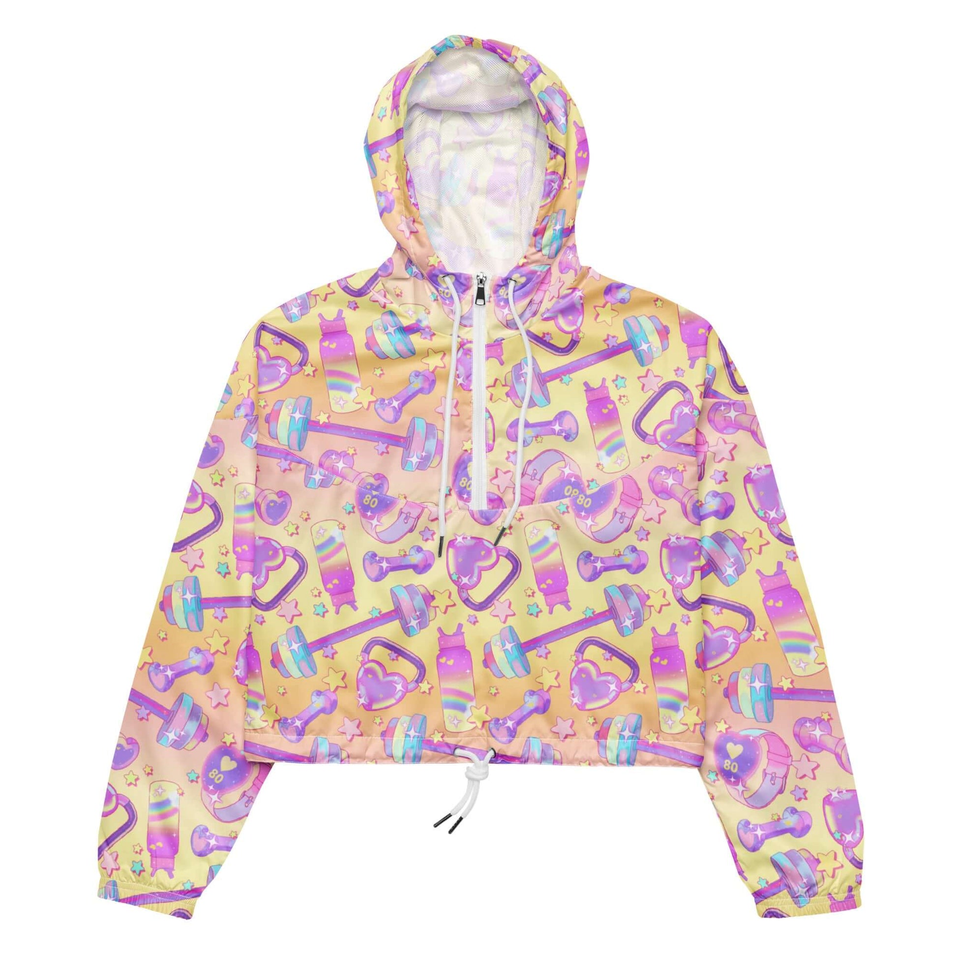 Stylish and waterproof Glitter Gains cropped windbreaker, perfect for adventures with side-slit pockets and adjustable drawcords.