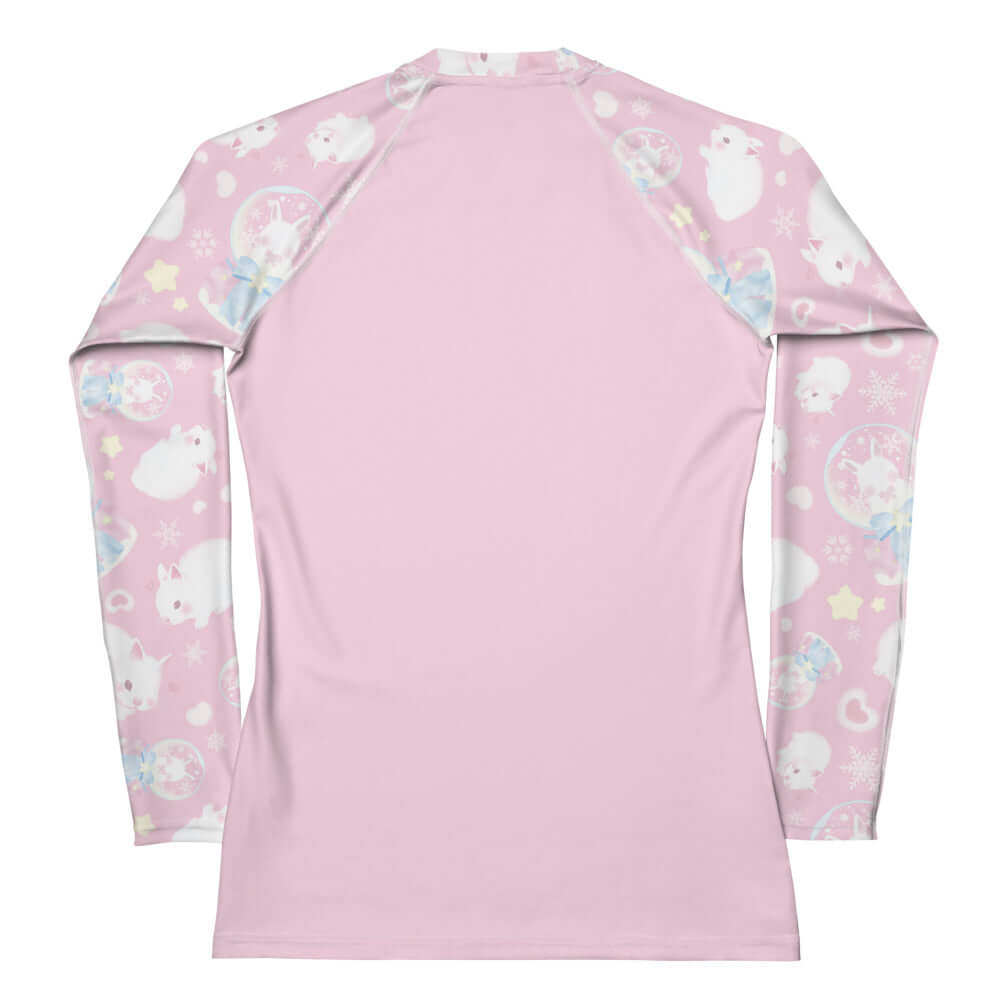 Stylish Snow Bunny Rash Guard features a cute pink design, perfect for sun protection during active sports.