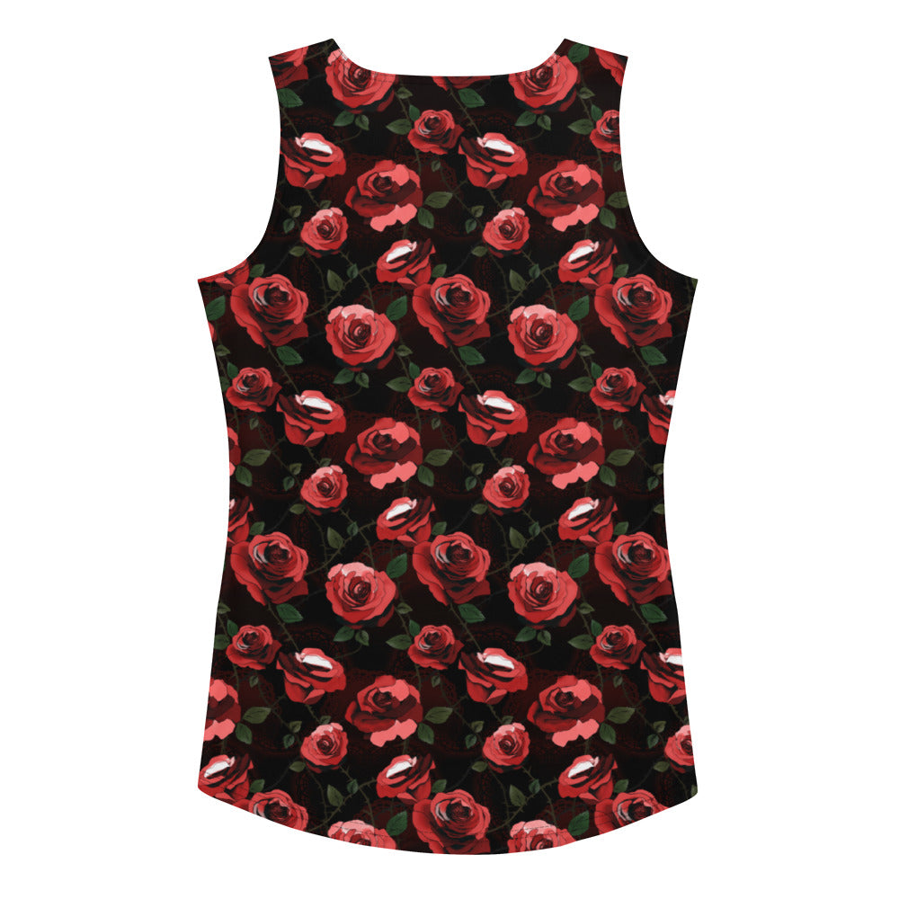Chic Enchanted Rose Tank Top featuring a dark floral design, perfect for workouts or a night out.