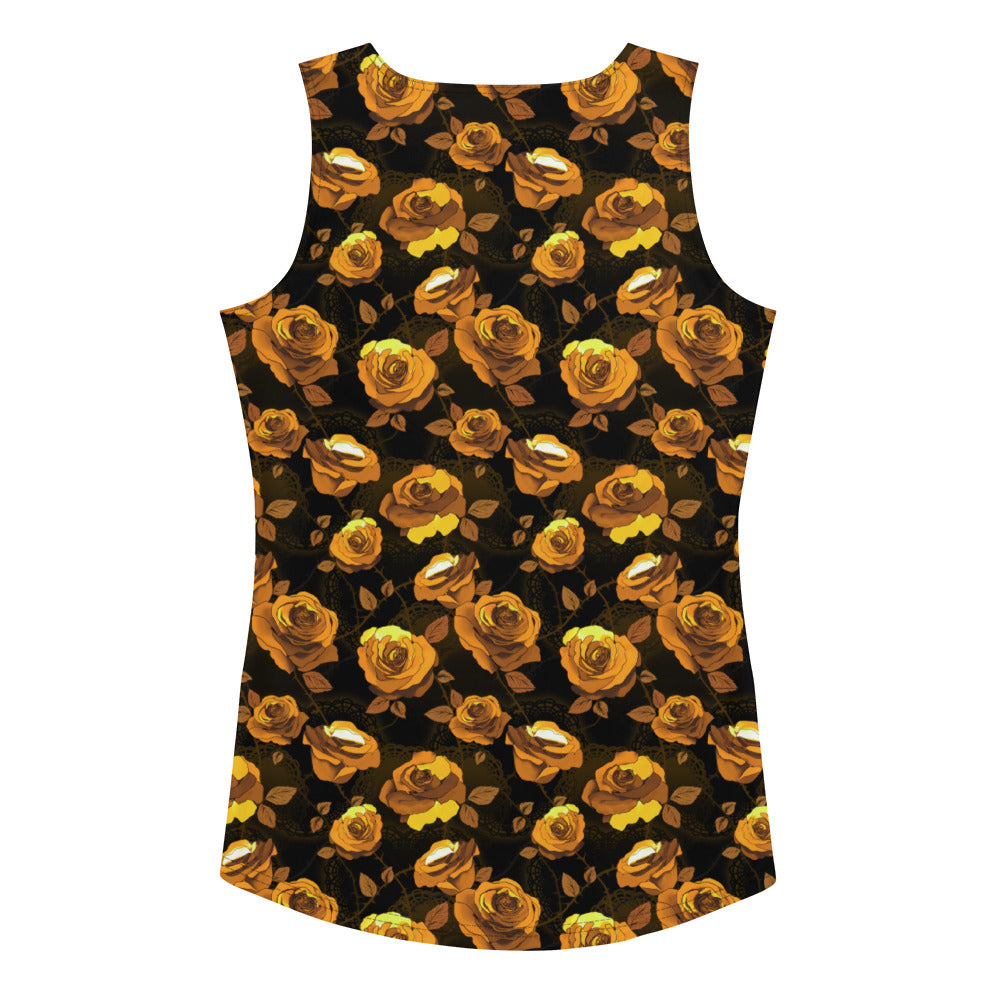 Stylish Enchanted Rose Tank Top featuring a vibrant rose pattern, perfect for workouts or nights out.