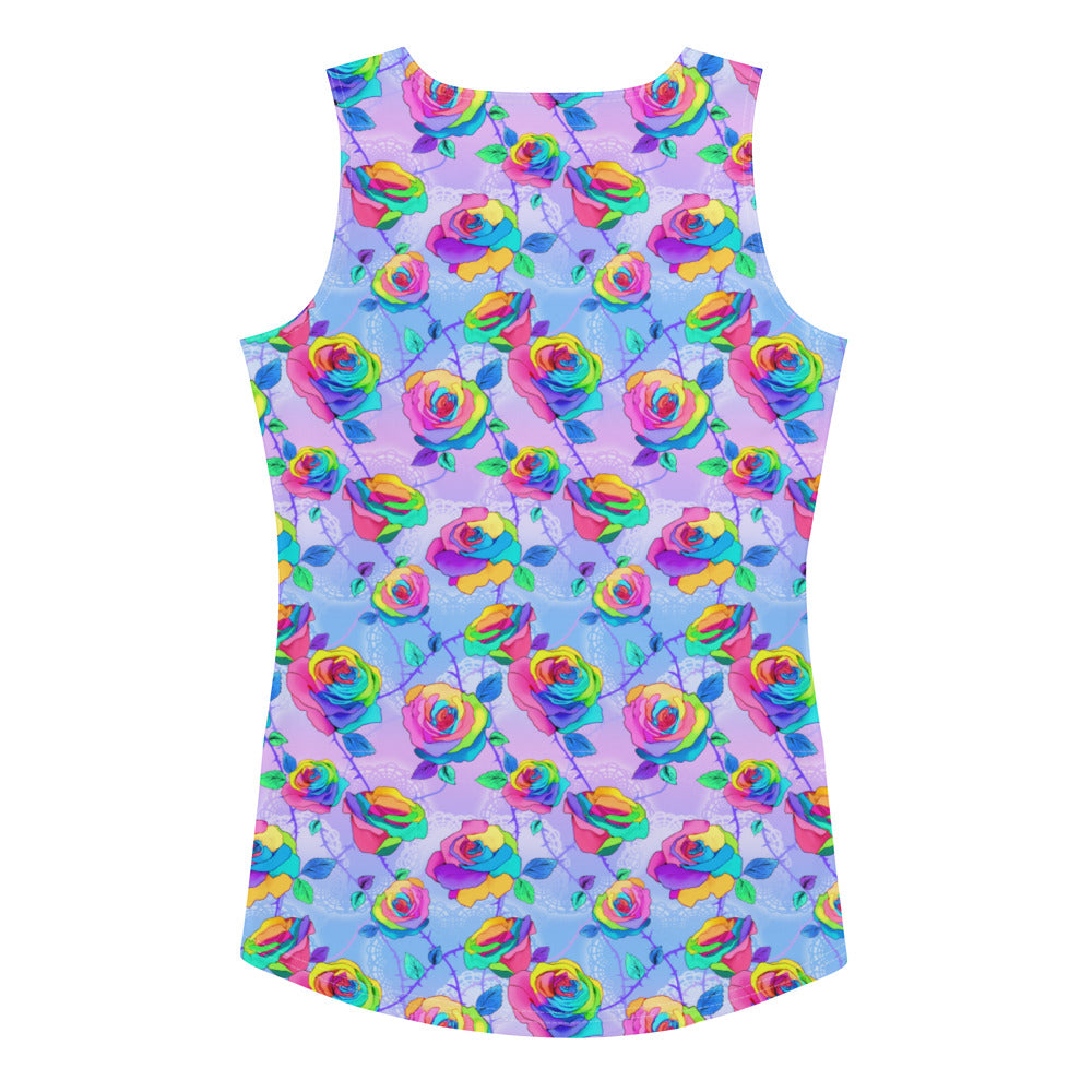 Colorful Enchanted Rose Tank Top featuring vibrant floral design, perfect for workouts or nights out. Shop now!