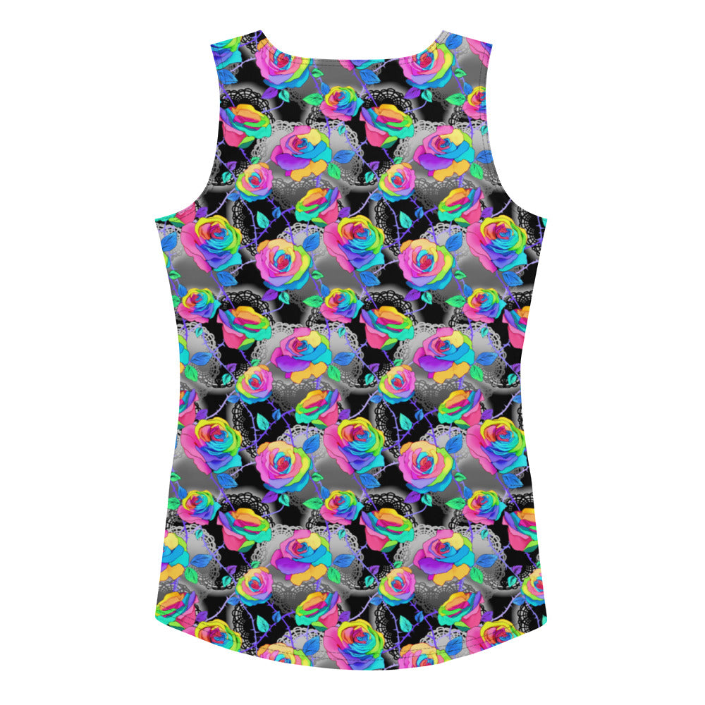 Chic and stylish Enchanted Rose Tank Top perfect for workouts and nights out, featuring vibrant floral design.