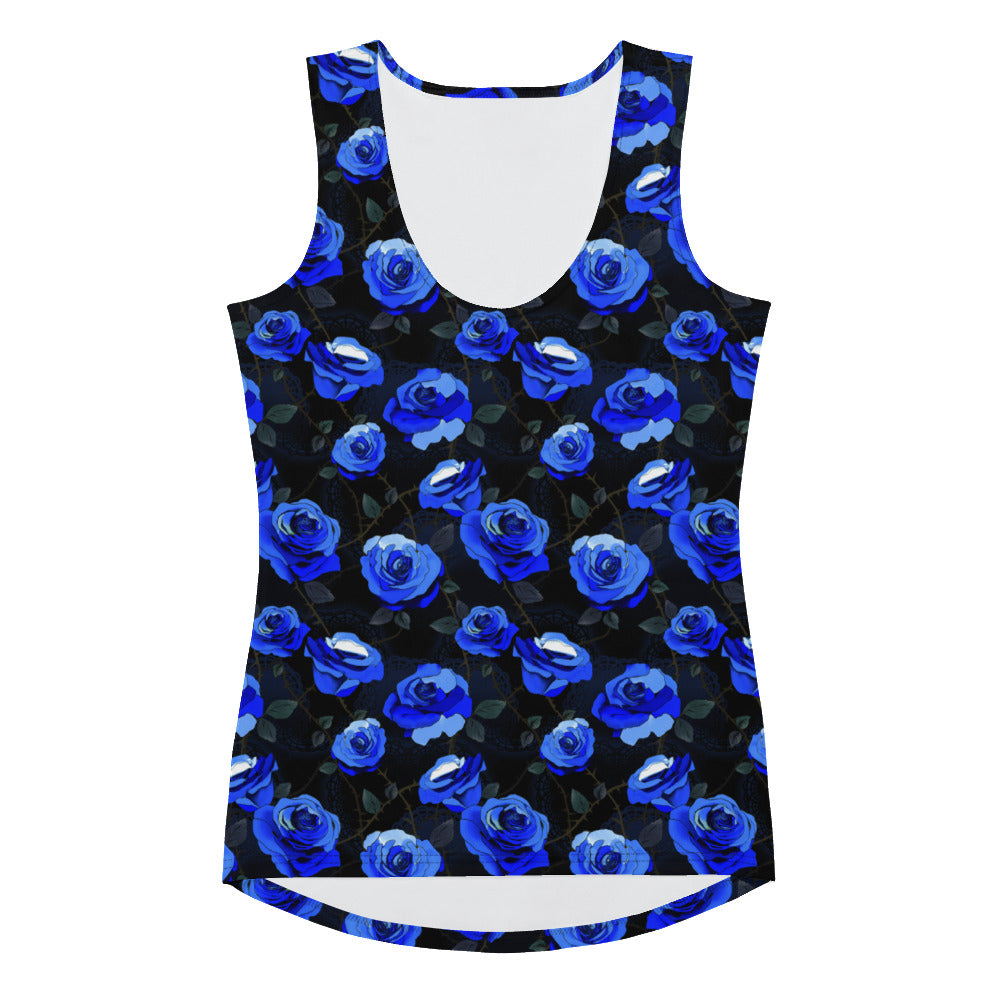 Chic and versatile, the Enchanted Rose Tank Top features a stunning blue floral design, perfect for any occasion.