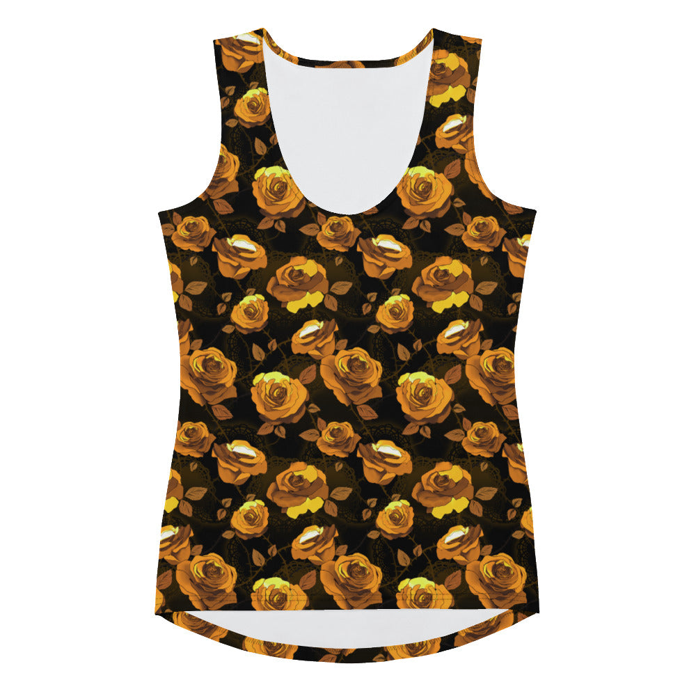 Chic and versatile, the Enchanted Rose Tank Top features a striking floral design perfect for day or night.