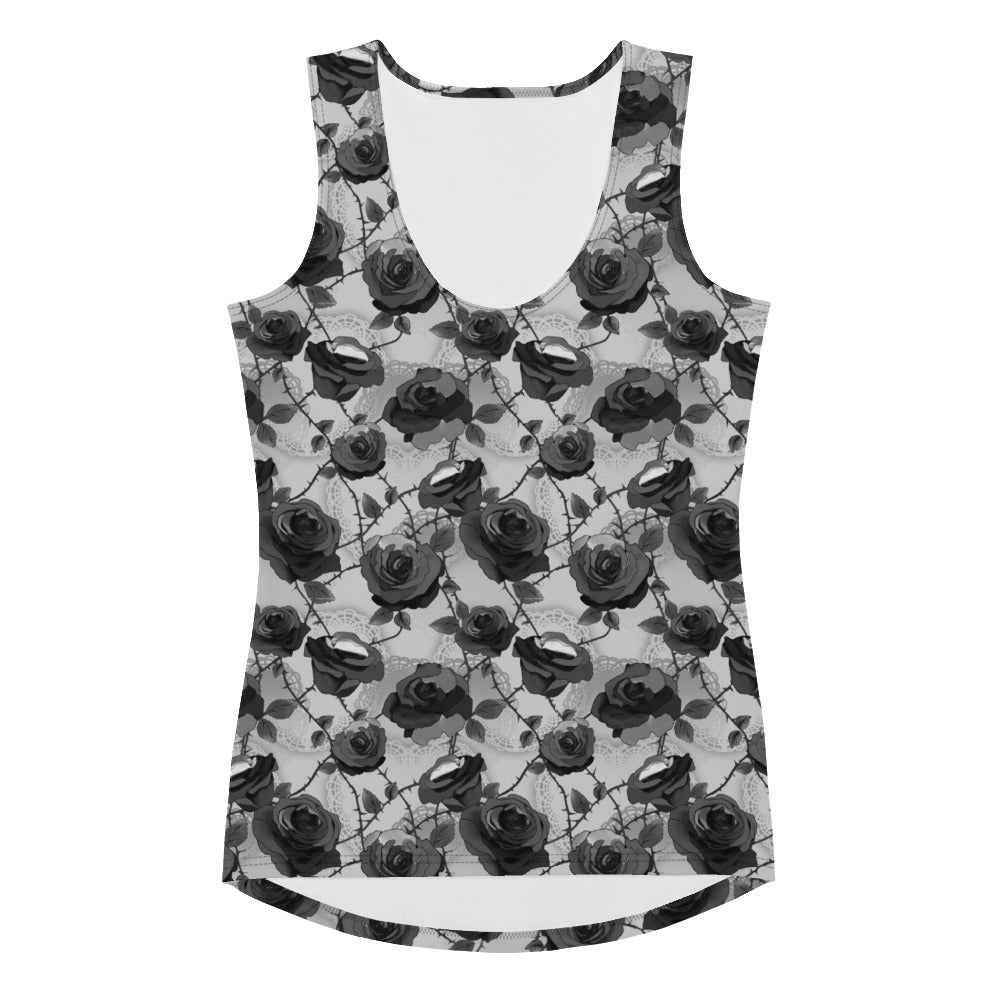 Chic and versatile Enchanted Rose Tank Top, perfect for workouts or nights out, featuring a stylish rose pattern.