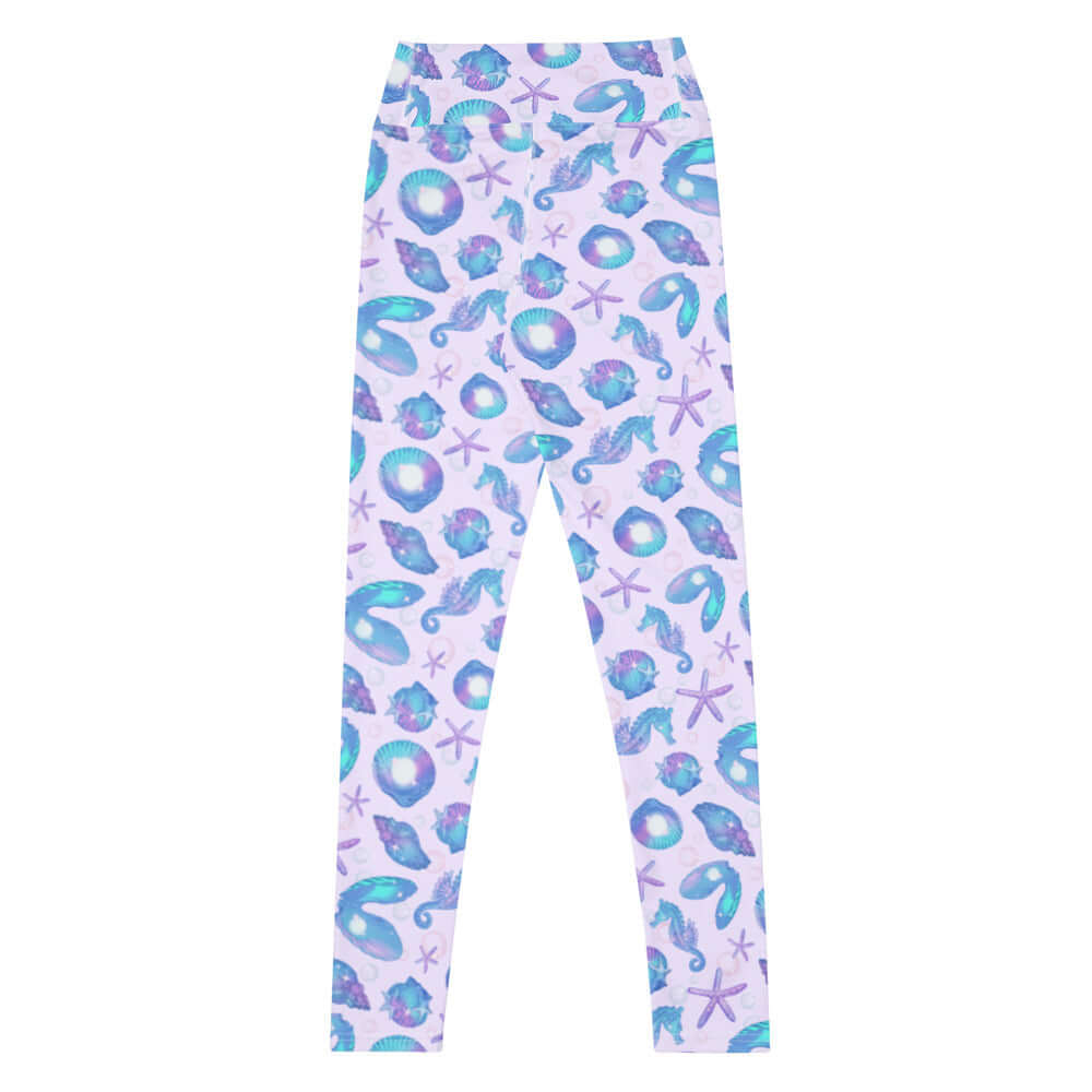 High-waisted Sea Princess Leggings featuring a vibrant seashell and starfish design for a mermaid-inspired look.