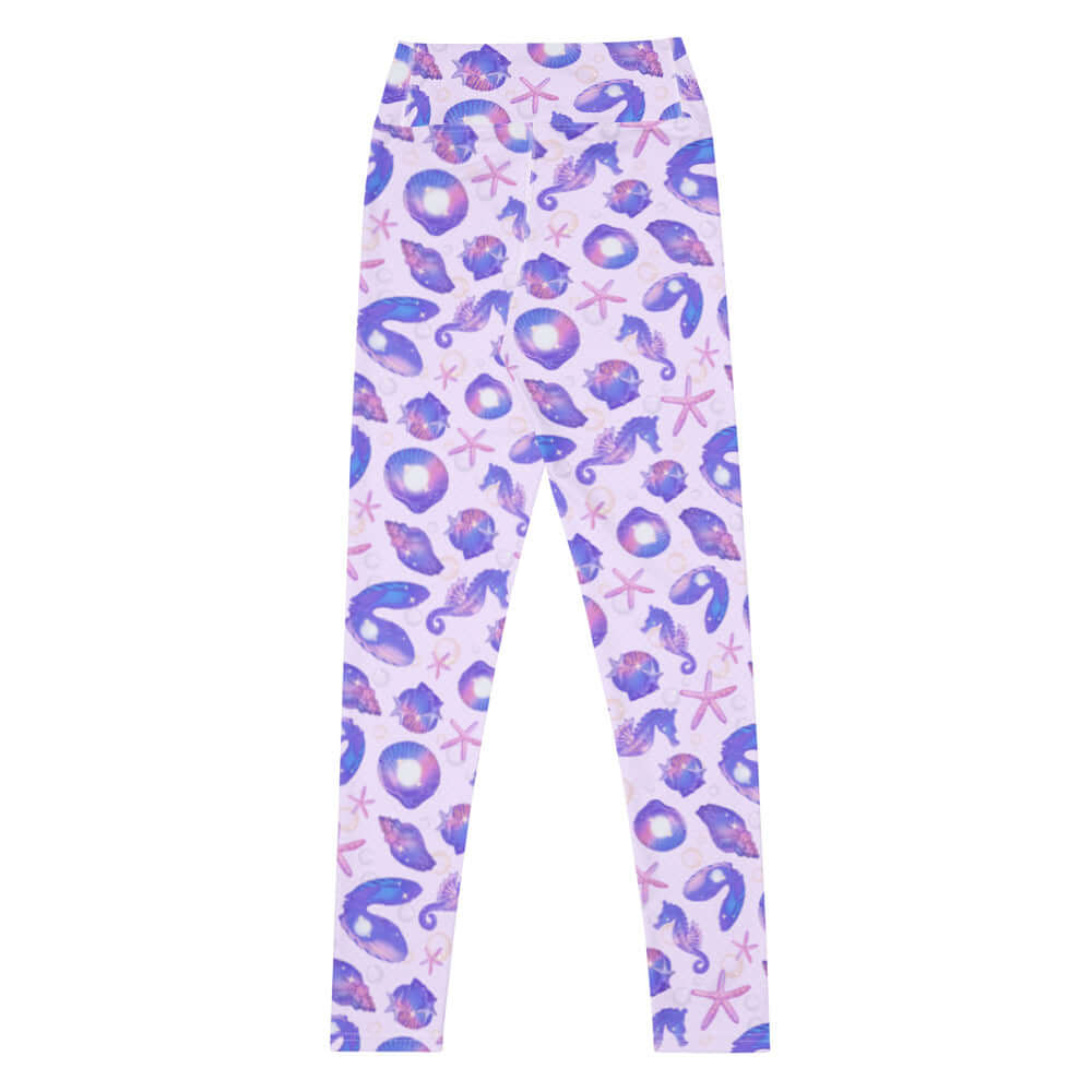 High-waisted Sea Princess Leggings featuring a whimsical seashell and starfish pattern for a mermaid-inspired look.