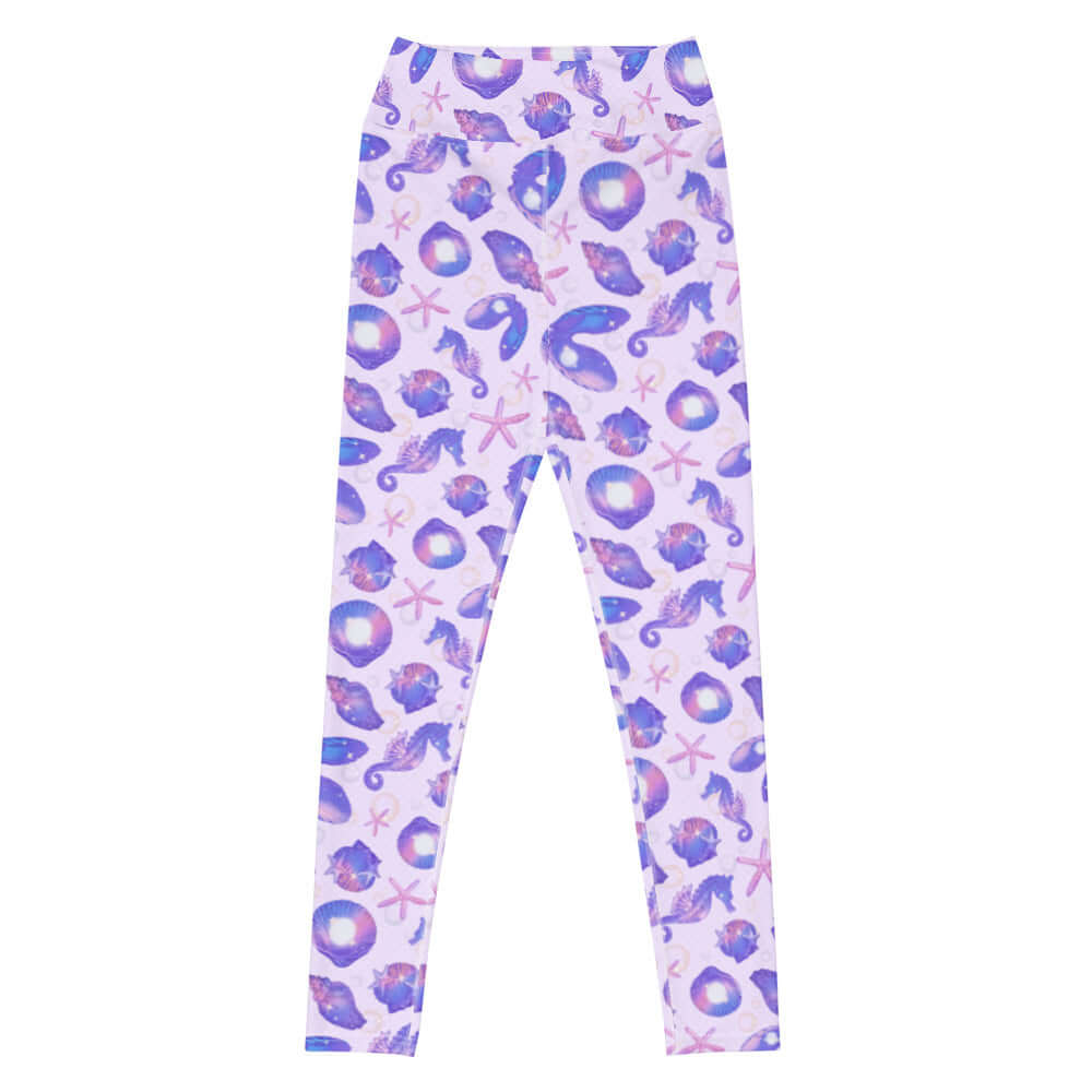 High-waisted Sea Princess Leggings feature a whimsical ocean-themed design with seashells and stars for a mermaid vibe.
