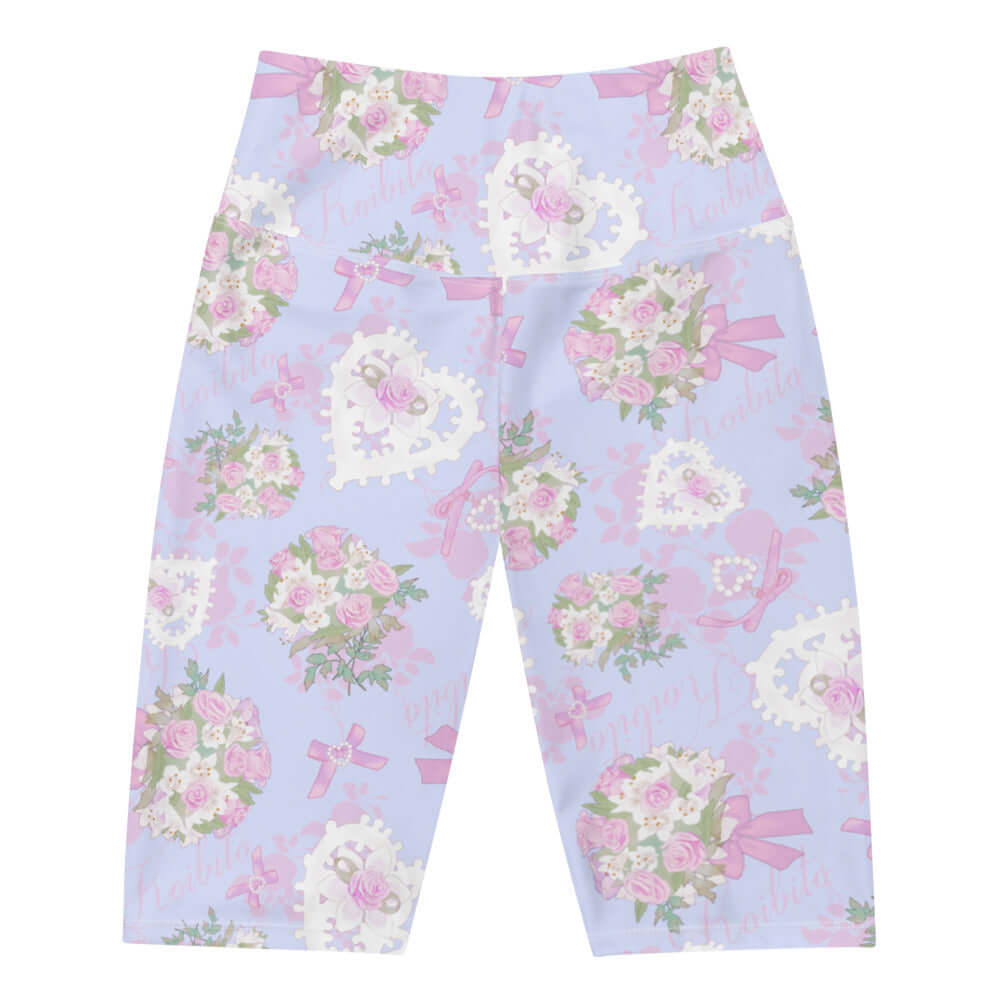 High-waisted Anniversary Biker Shorts featuring a floral print, perfect for workouts or casual outings.