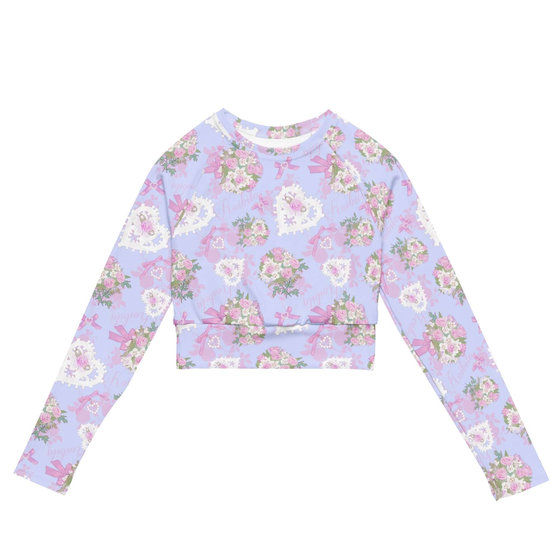 Anniversary Long-sleeved Crop Top featuring a floral print, eco-friendly fabric, and comfortable fit for activewear.