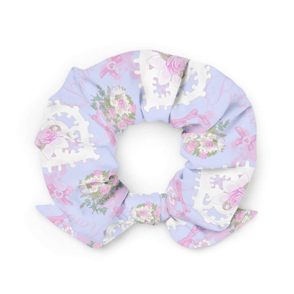 Pastel floral Anniversary Scrunchie, perfect for adding elegance to your outfit. Trendy accessory for every occasion.