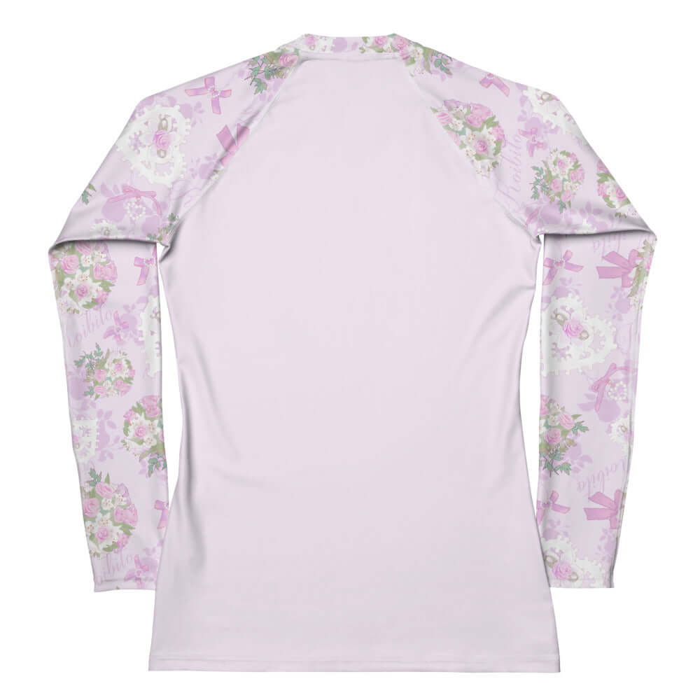 Stylish Anniversary Rash Guard features floral design, ideal for active wear and sun protection during sports.