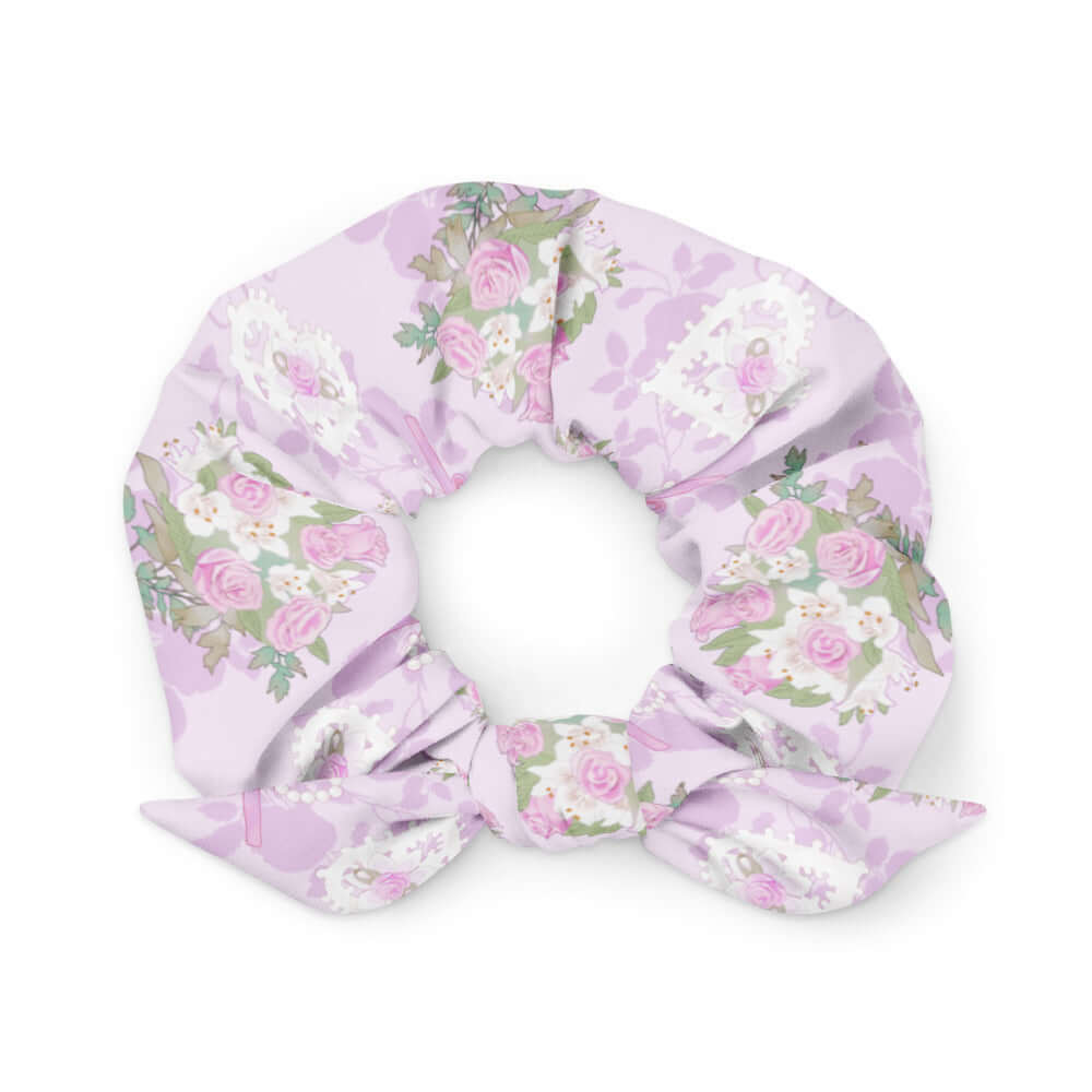 Elegant pastel floral Anniversary Scrunchie perfect for tying together feminine outfits. Stylish and trendy accessory.