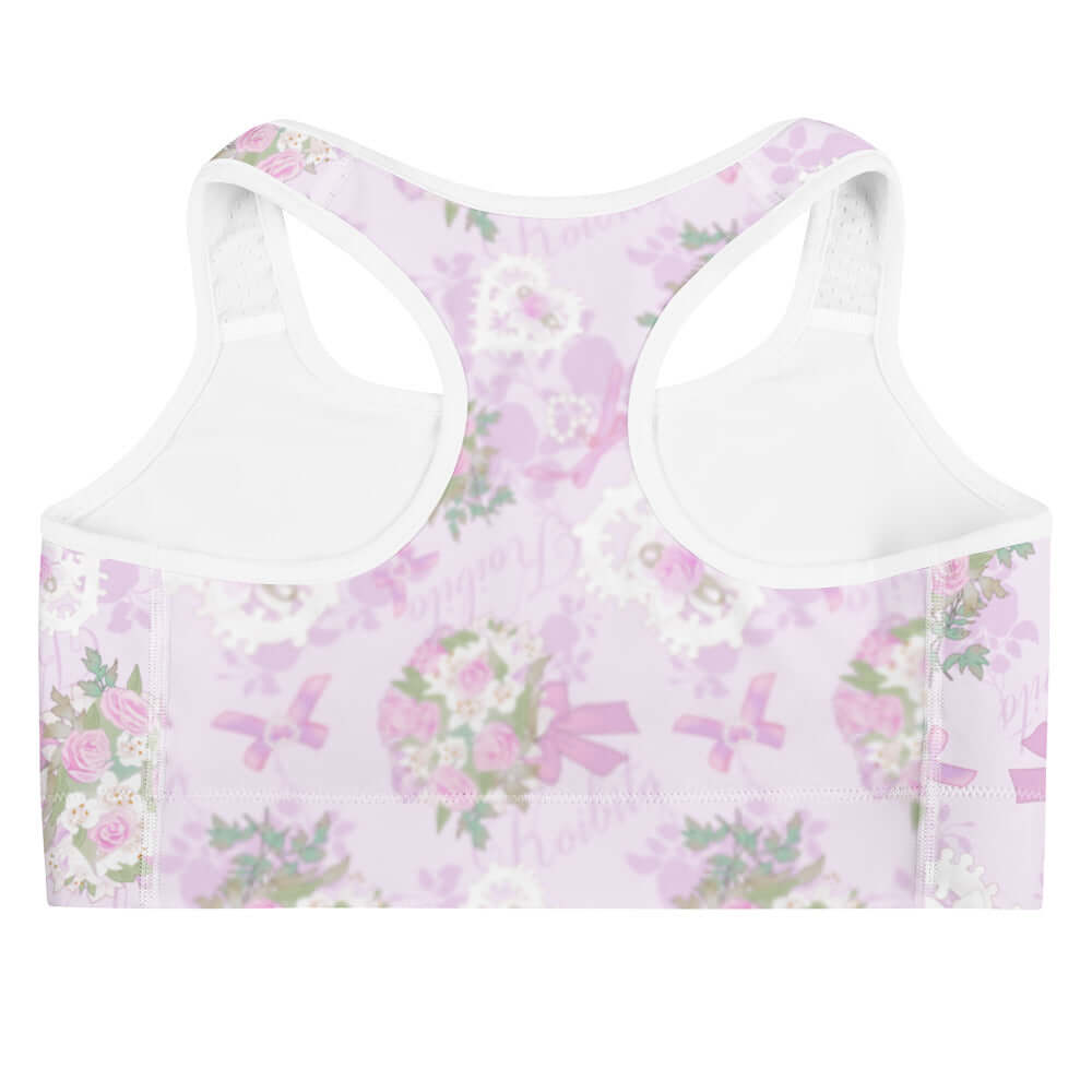 Anniversary Sports bra features a floral design, perfect for stylish workouts while staying dry and comfortable.