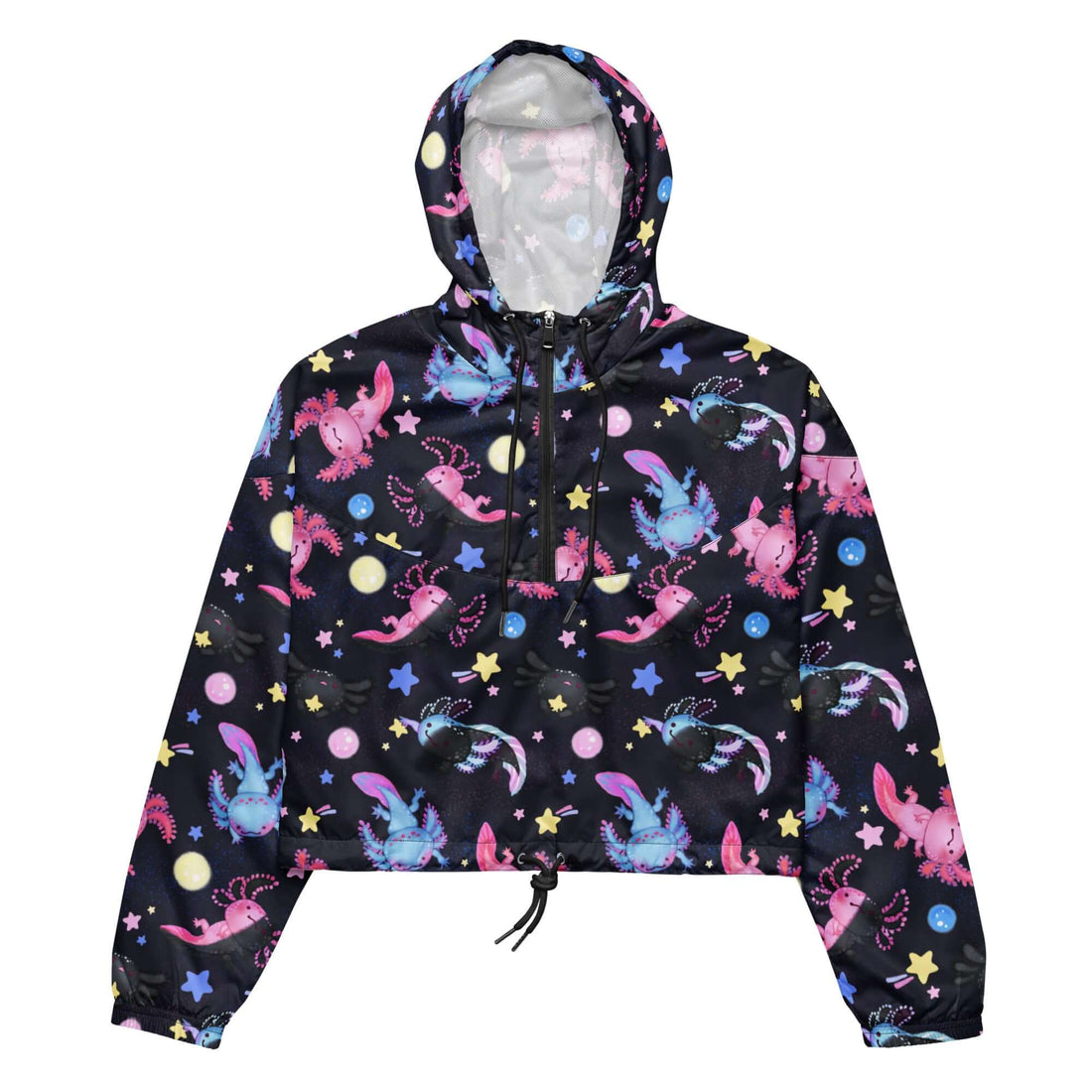 Colorful Axolotl cropped windbreaker, perfect for hiking, featuring breathable mesh lining and adjustable drawcords.