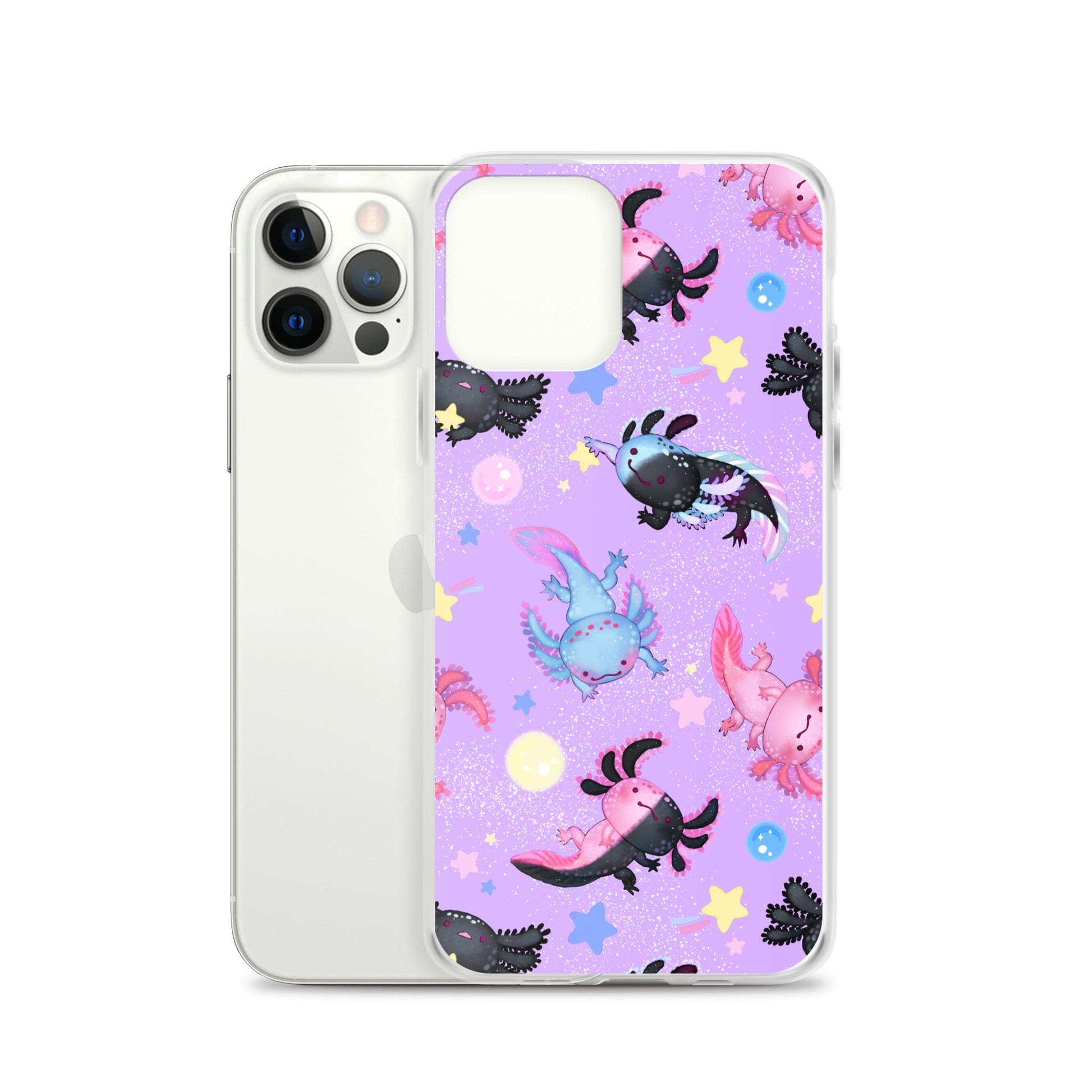 Colorful Axolotl iPhone® Clear Case featuring playful designs, protecting your device from scratches and dirt.