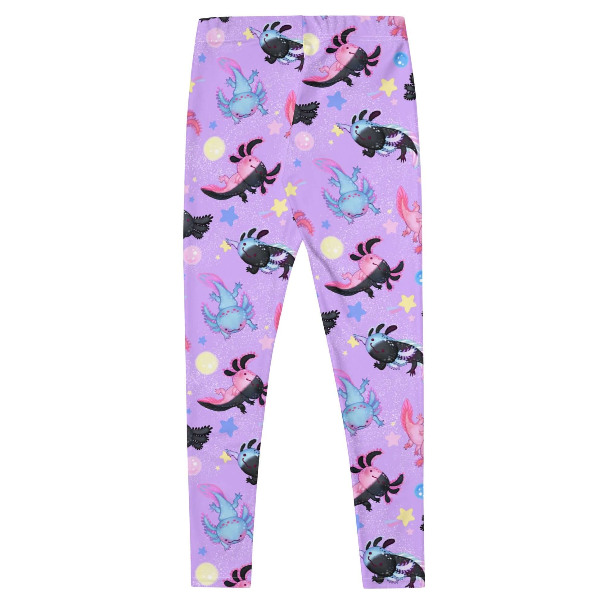 Colorful Axolotl Leggings featuring playful axolotl designs, made from stretchy polyester and spandex for comfort.