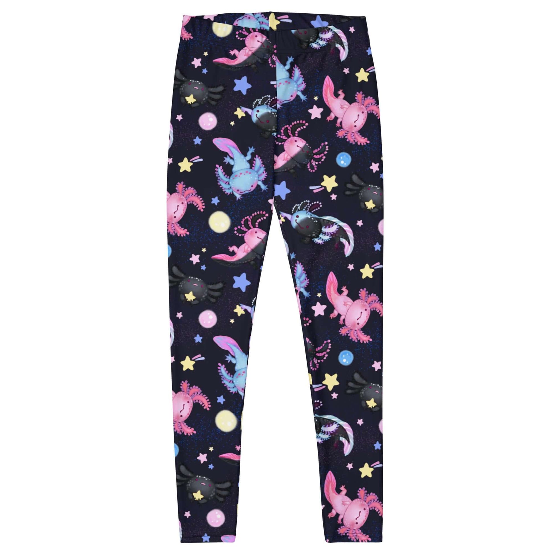Colorful Axolotl Leggings featuring vibrant designs, made from stretchy microfiber fabric for ultimate comfort.