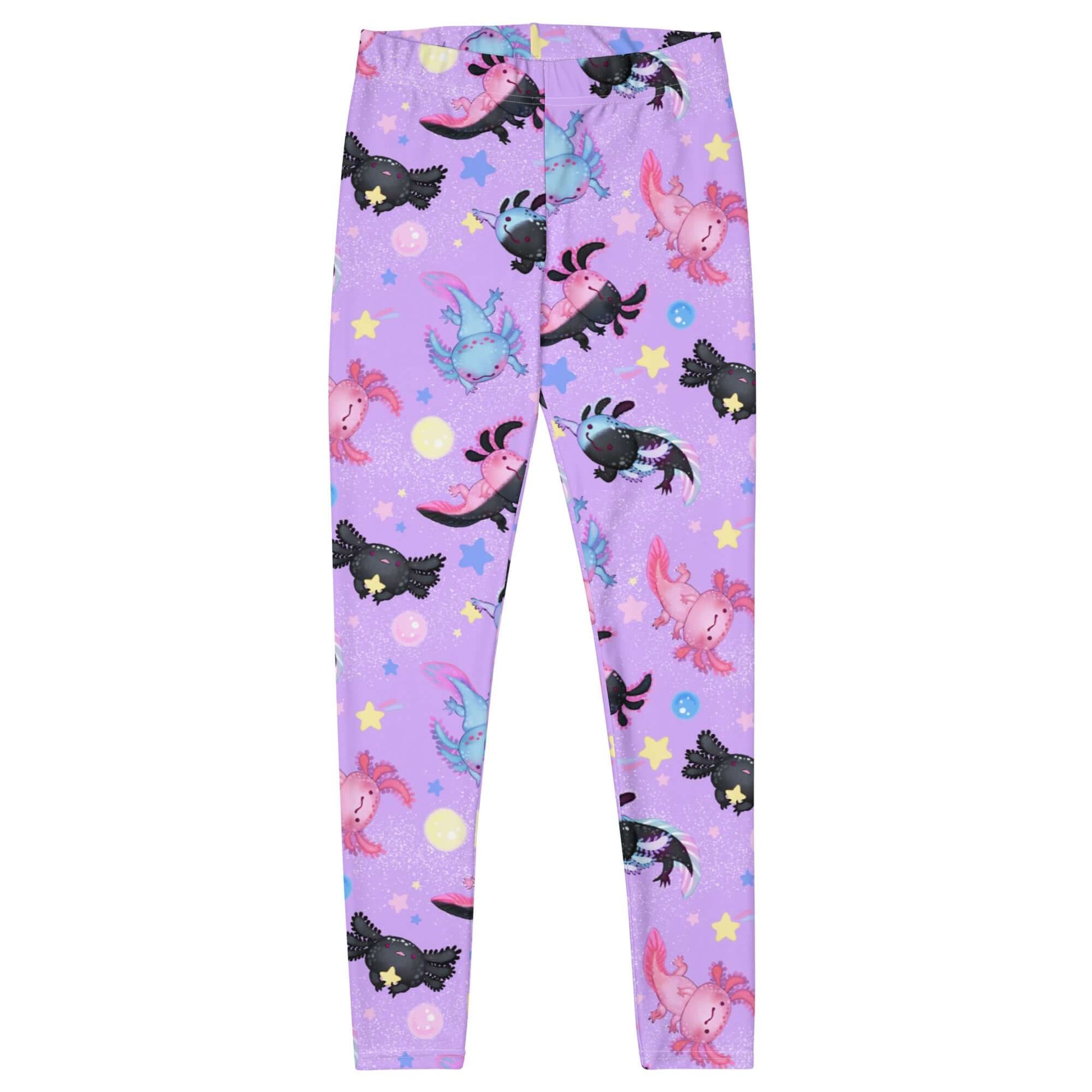 Colorful Axolotl Leggings featuring cute axolotls on a lavender background, perfect for comfort and style.