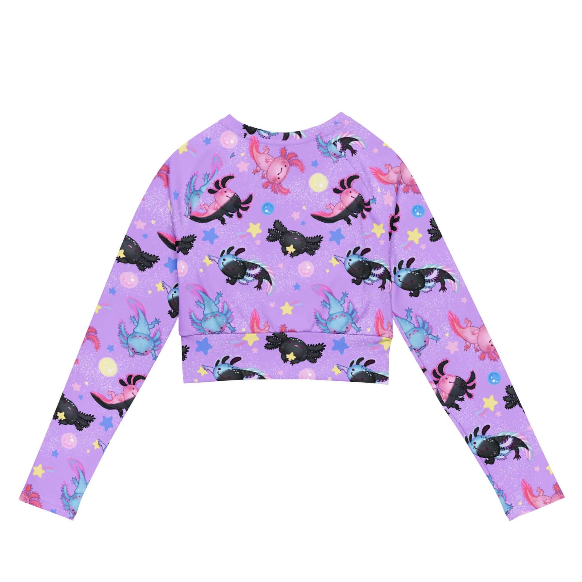 Colorful Axolotl Long-sleeved Crop Top featuring playful designs, perfect for eco-friendly athleisure from your favorite store.