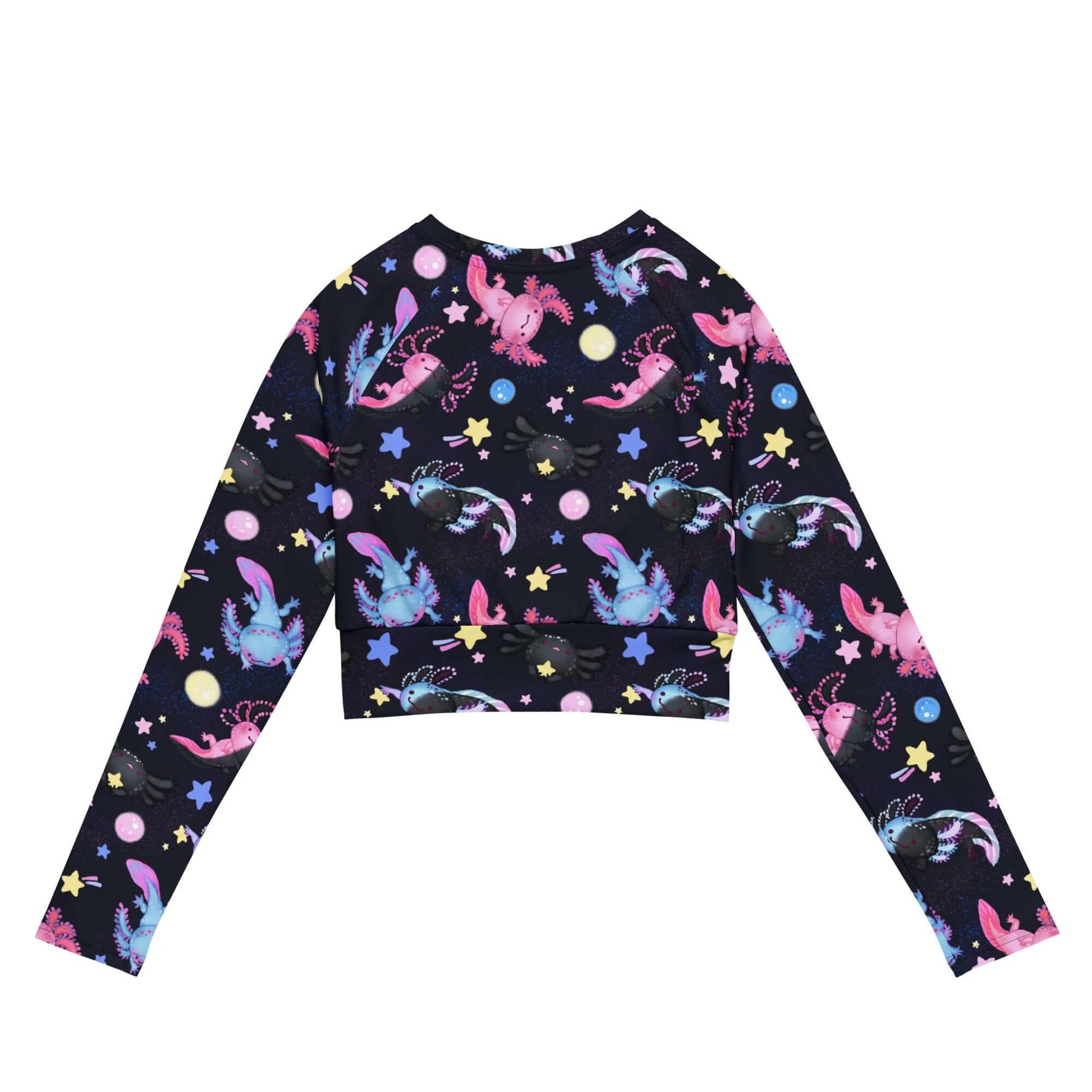 Eco-friendly Axolotl Long-sleeved Crop Top featuring vibrant axolotl designs, perfect for athleisure and sports.