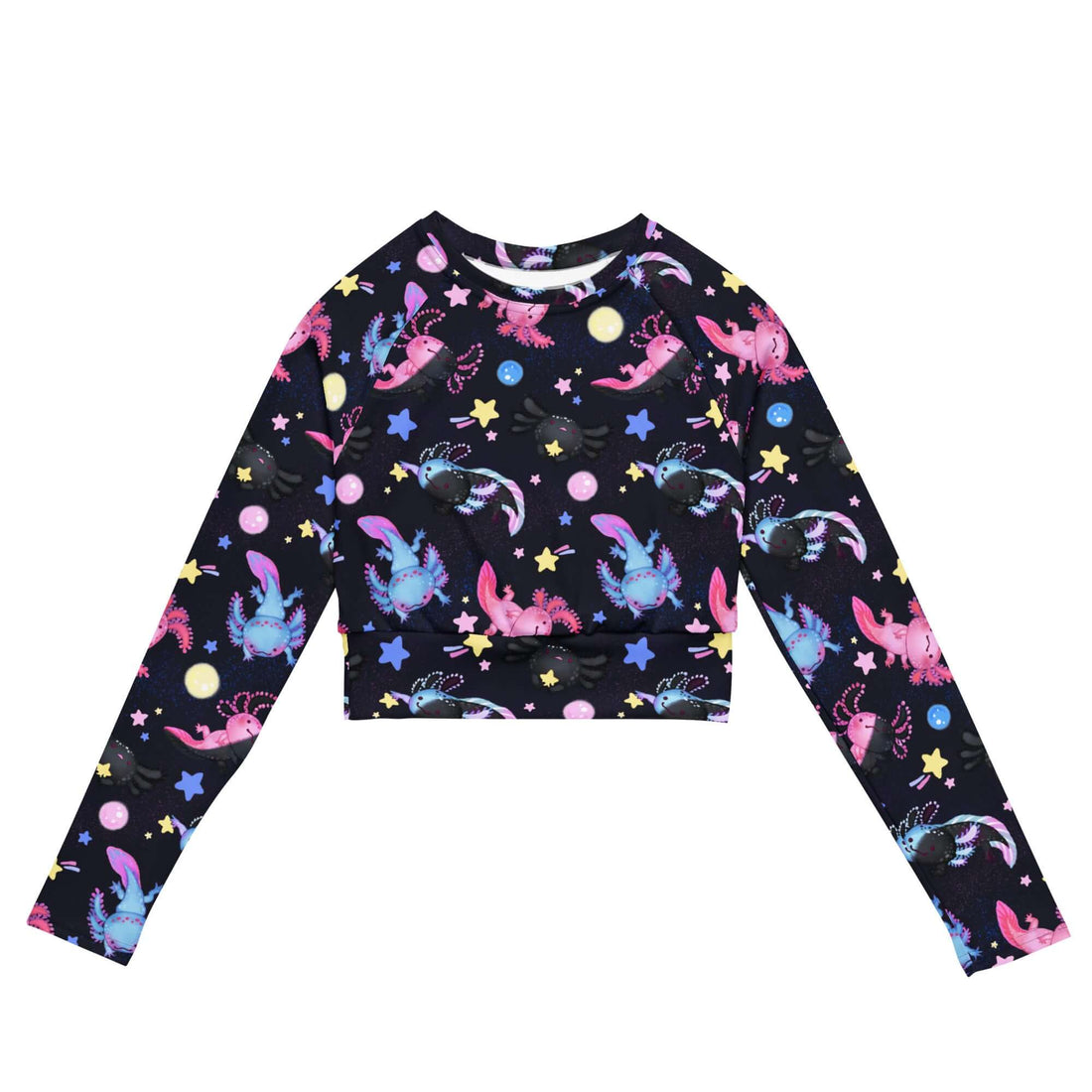 Colorful Axolotl Long-sleeved Crop Top made from recycled materials, perfect for eco-friendly athleisure wear.